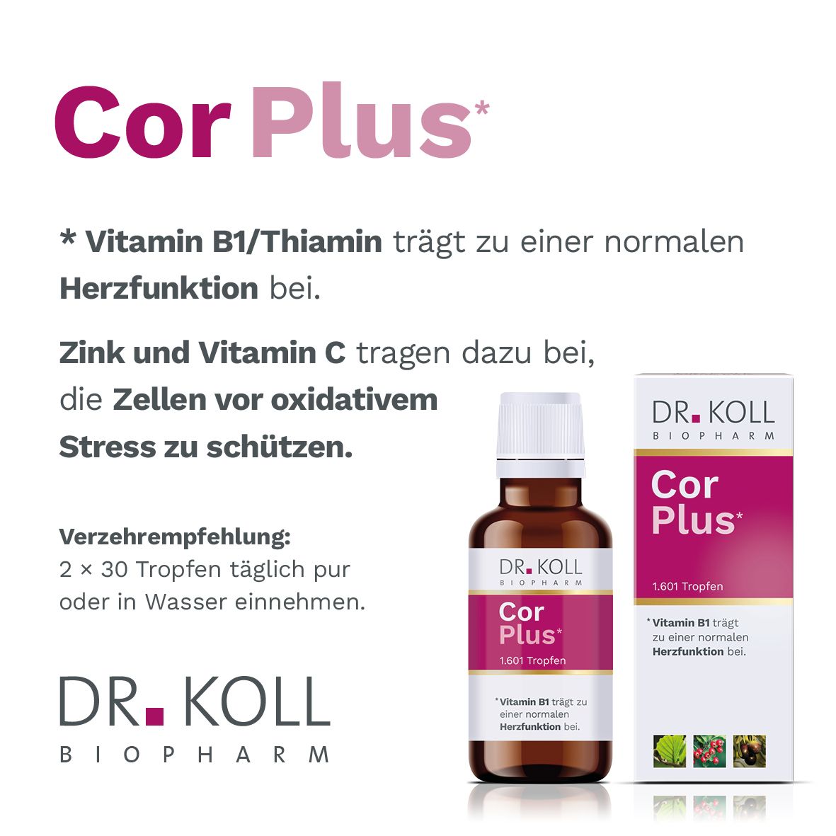 Text mit Cor Plus*. Vitamin B1 trägt zu einer normalen Herzfunktion bei. DR. KOLL BIOPHARM.