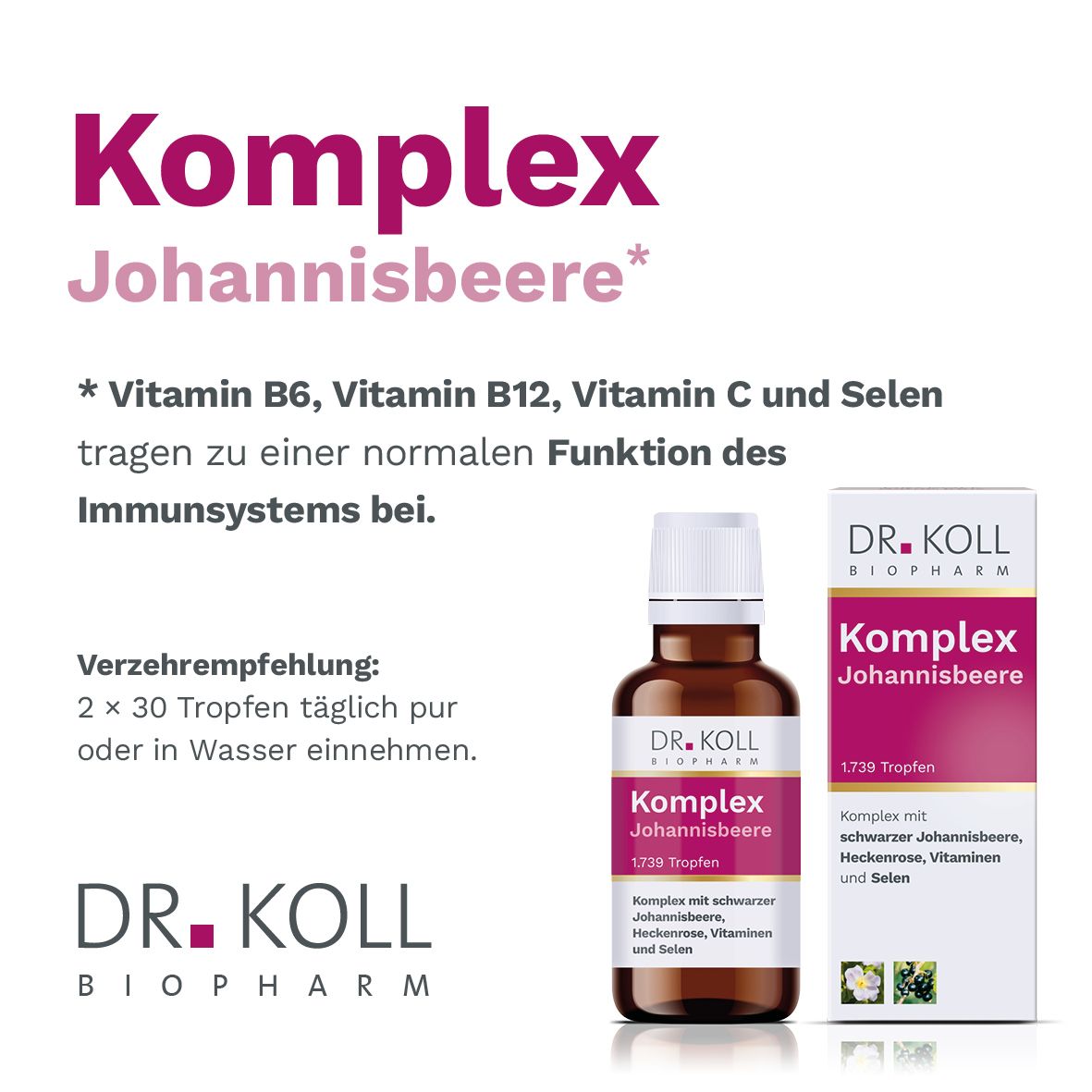 Produktflasche und Karton mit Text. Enthält Vitamin B6, B12, C und Selen.
