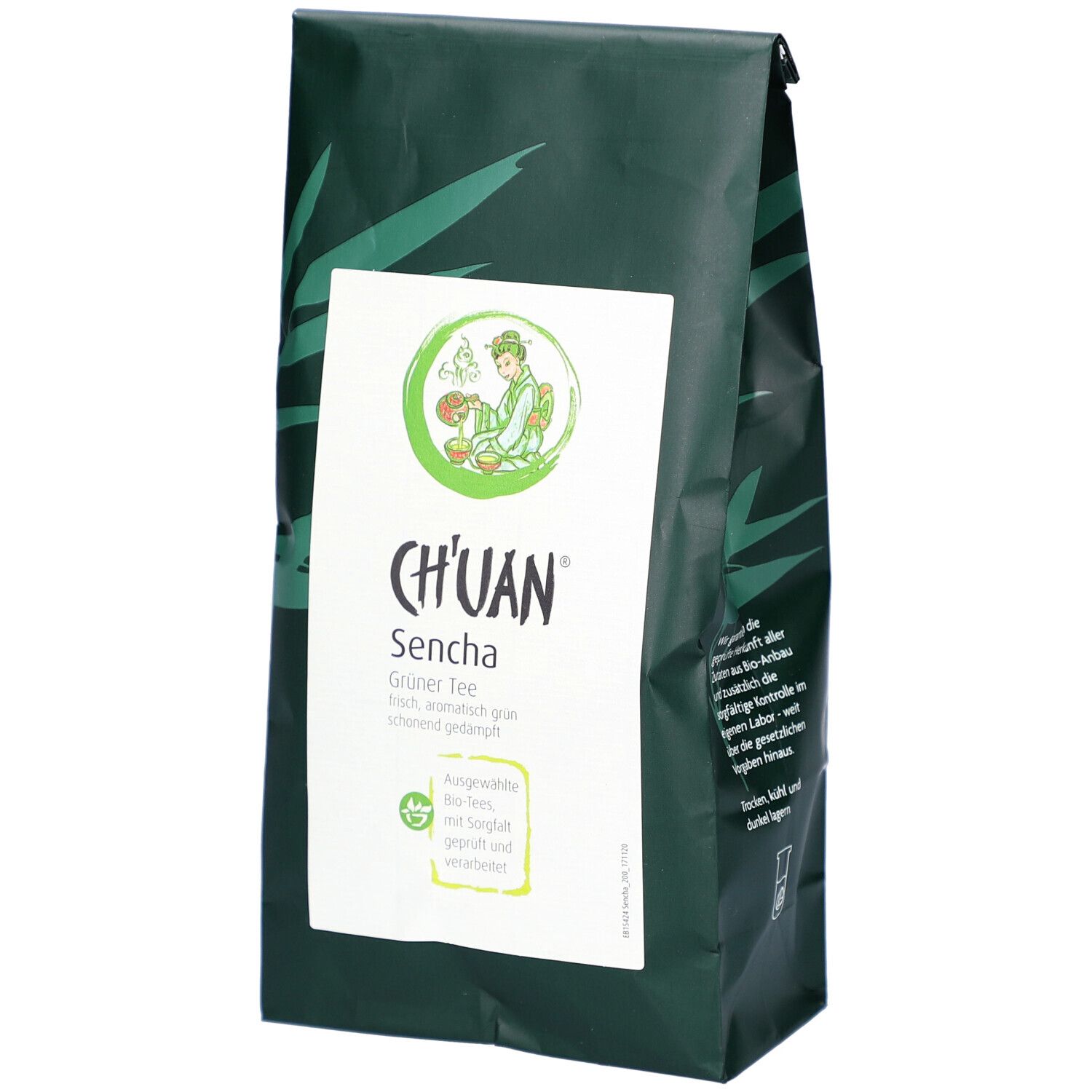 Grüner Tee in dunkelgrüner Verpackung mit weißem Etikett. Logo mit Schriftzug CH'UAN und Sencha.