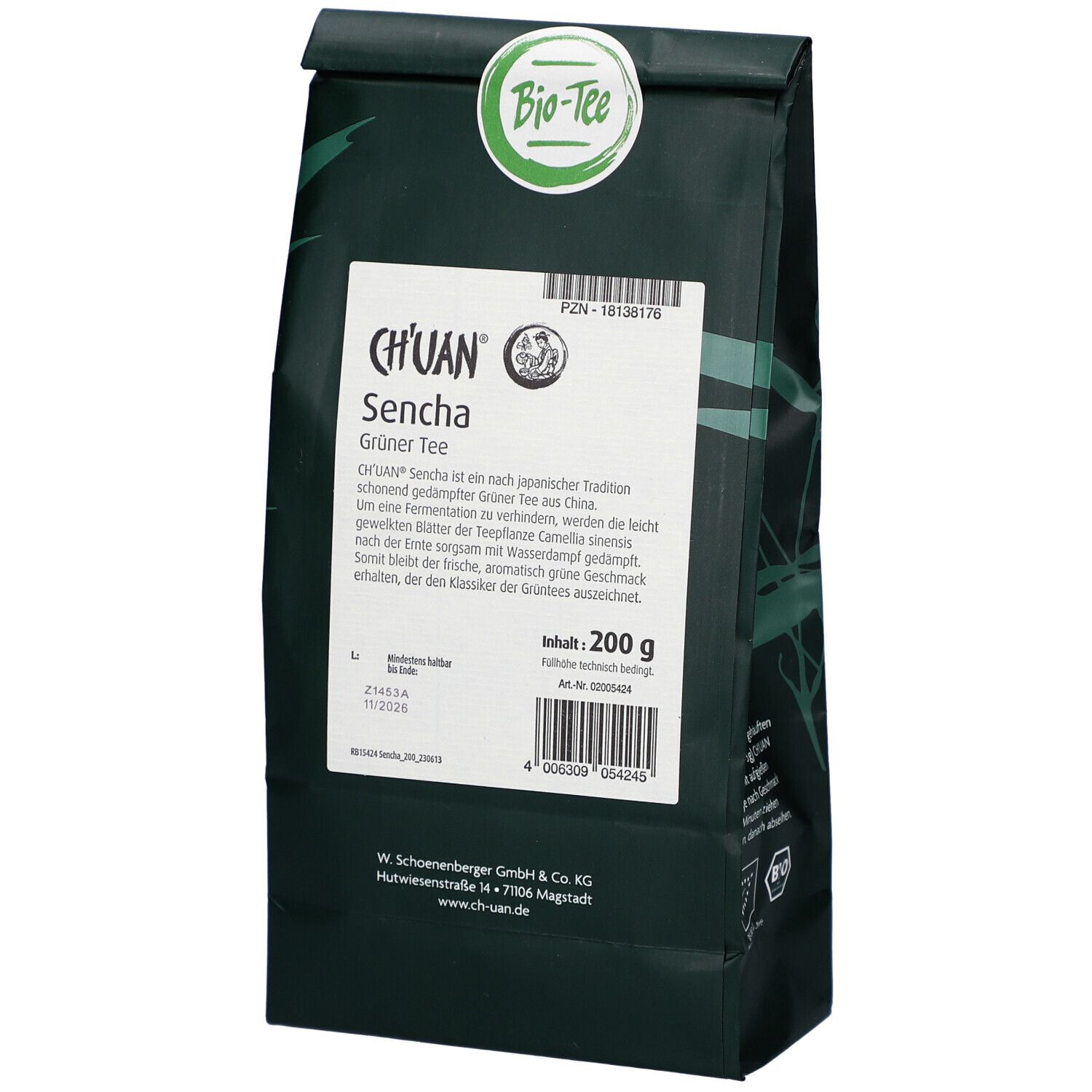Grüner Tee in dunkelgrüner Verpackung mit weißem Etikett. Logo mit Schriftzug CH'UAN und Sencha. Bio-Siegel.