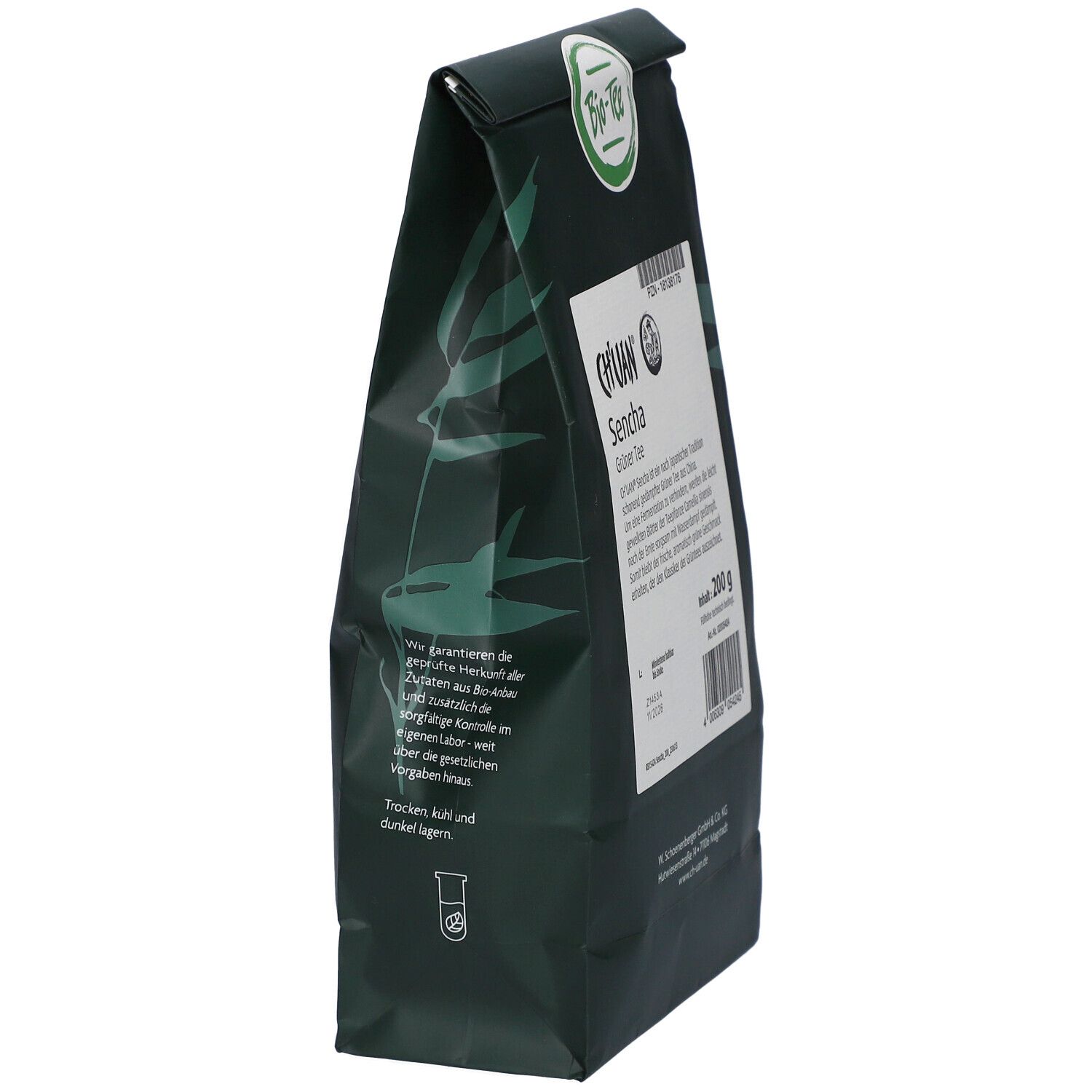 Dunkelgrüne Verpackung mit weißem Etikett. Logo mit Schriftzug CH'UAN und Sencha. Rückansicht.