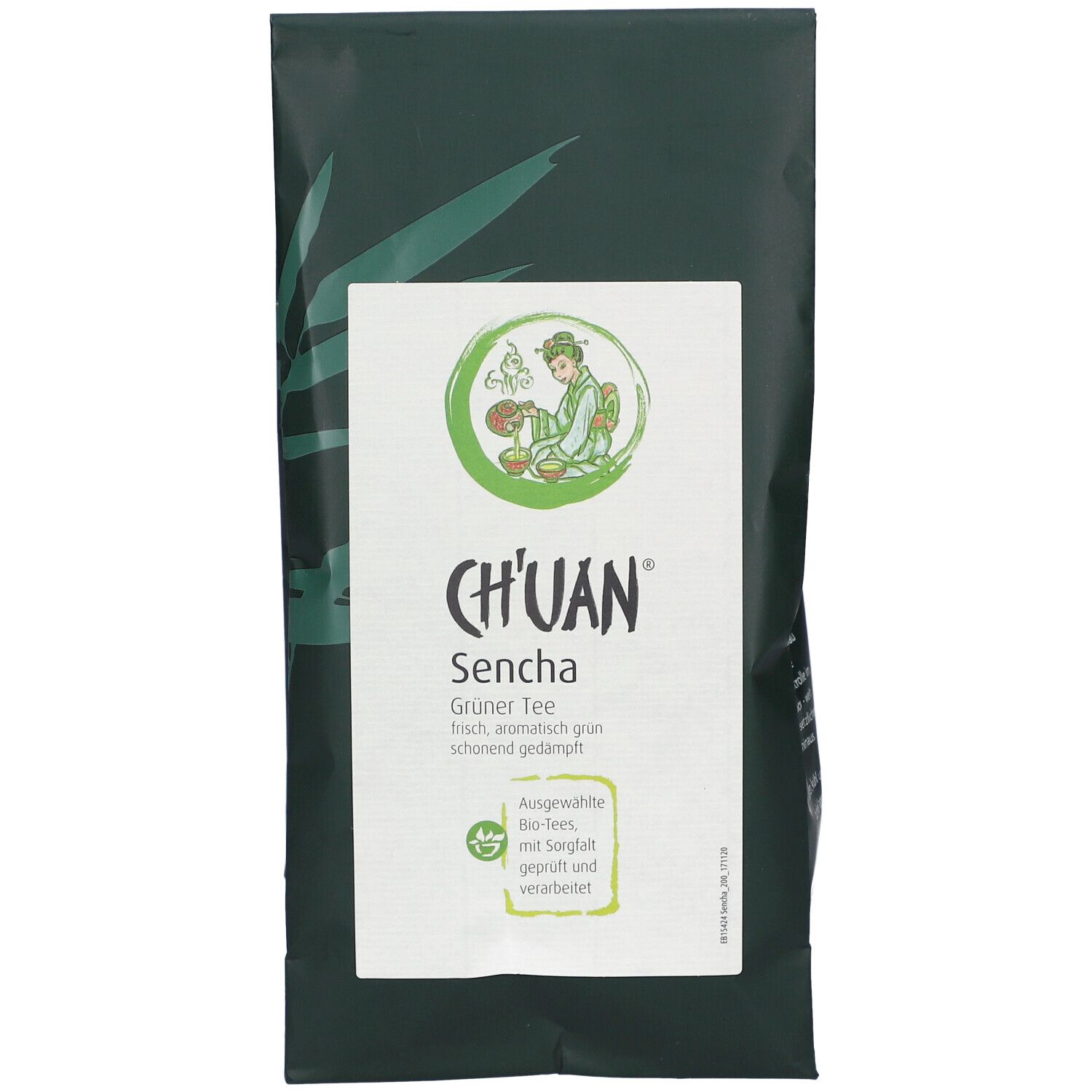 Grüner Tee in dunkelgrüner Verpackung mit weißem Etikett. Logo mit Schriftzug CH'UAN und Sencha.