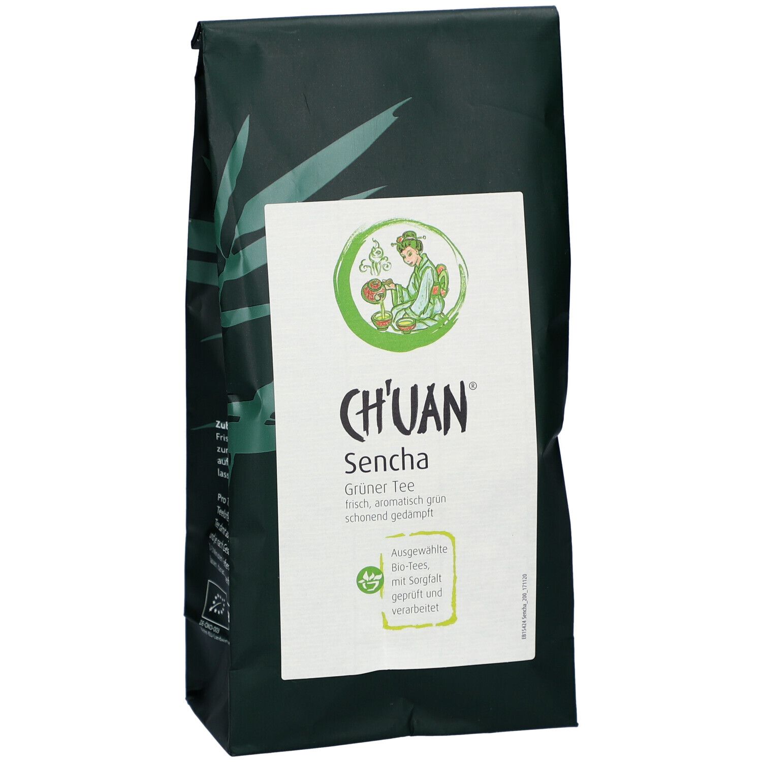 Grüner Tee in dunkelgrüner Verpackung mit weißem Etikett. Logo mit Schriftzug CH'UAN und Sencha.