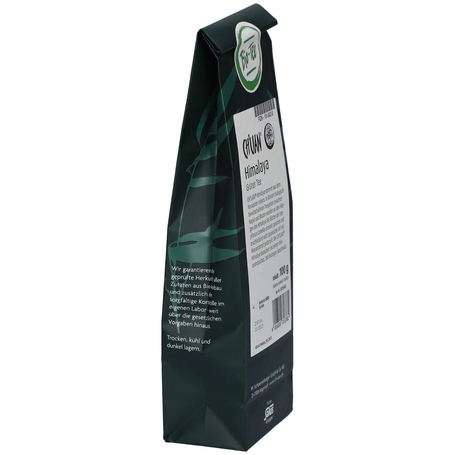 Dunkelgrüne Verpackung. CH'UAN Himalaya Grüner Tee. Text. Bio-Siegel.