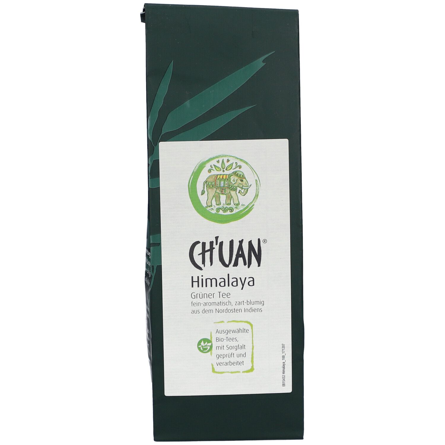 Dunkelgrüne Verpackung mit weißem Etikett. CH'UAN Himalaya Grüner Tee. Logo mit Elefant. Bio-Siegel.