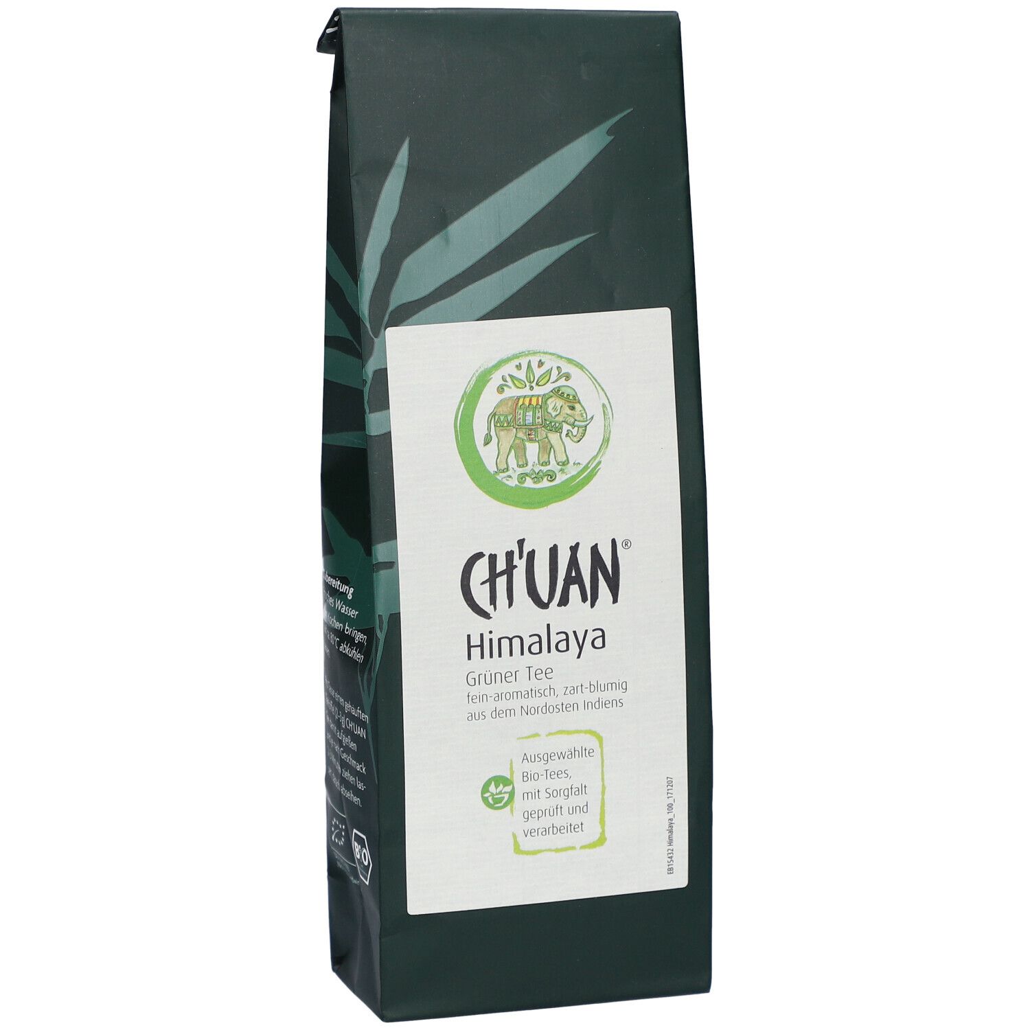 Dunkelgrüne Verpackung mit weißem Etikett. CH'UAN Himalaya Grüner Tee. Logo mit Elefant. Bio-Siegel.