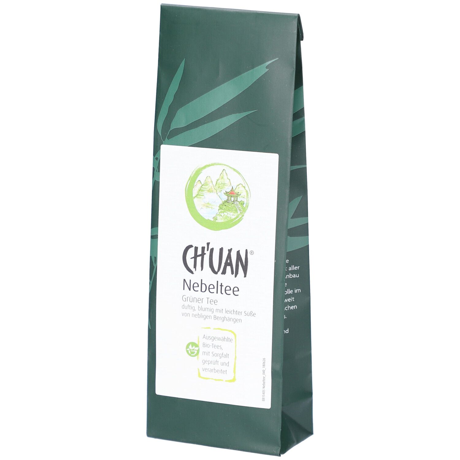 Grüner Tee in dunkelgrüner Verpackung mit weißem Etikett. Aufschrift: CH'UAN Nebeltee.