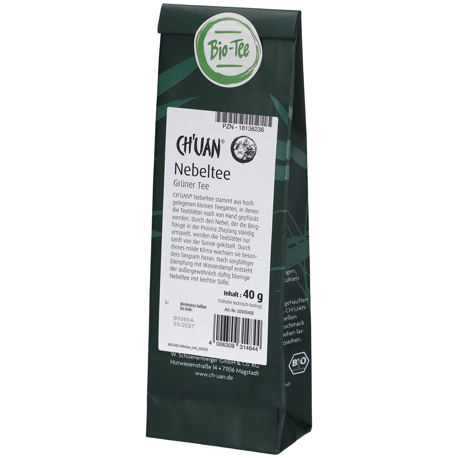 Dunkelgrüne Verpackung mit weißem Etikett. Aufschrift: CH'UAN Nebeltee. Bio-Tee. Inhalt: 40 g.