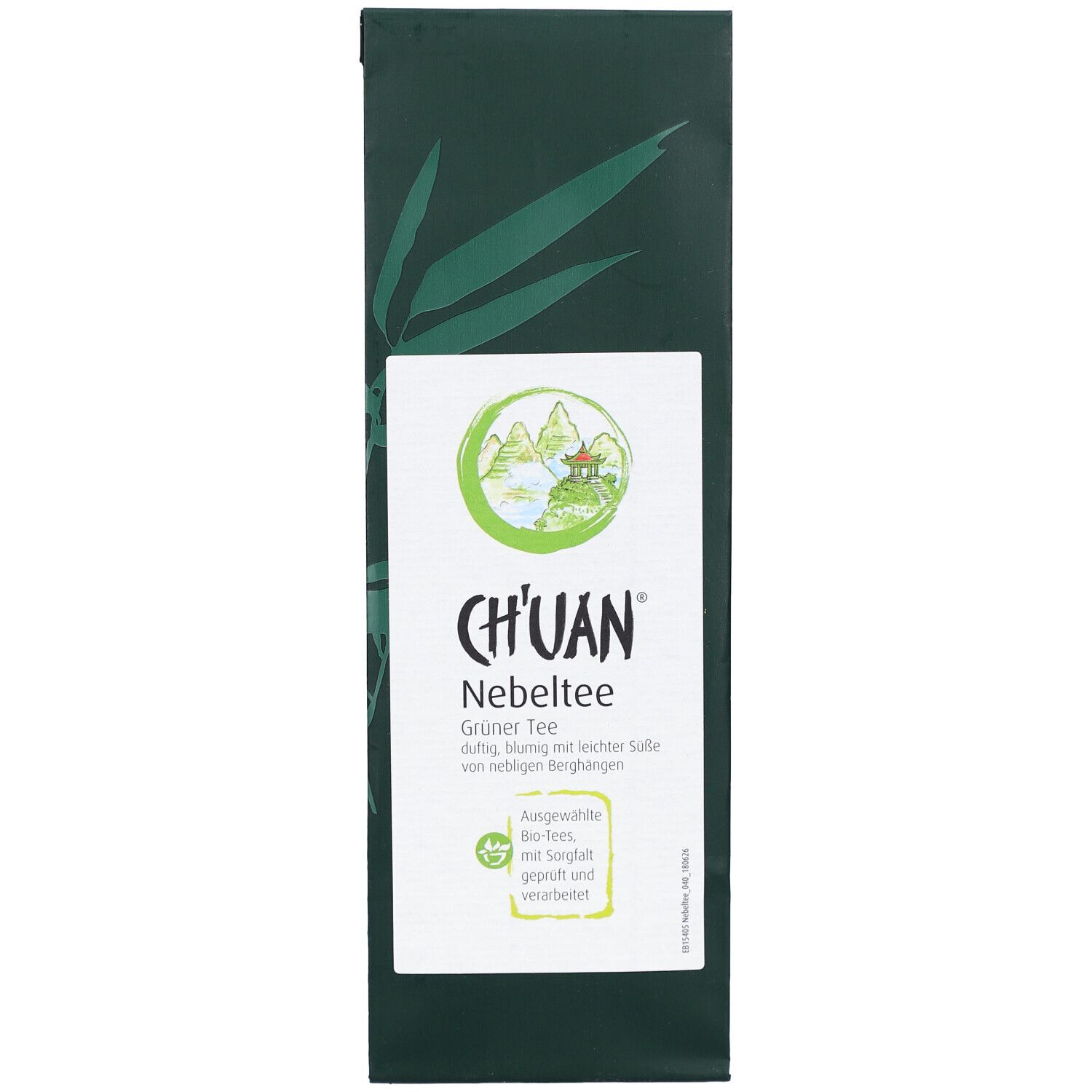 Grüner Tee in dunkelgrüner Verpackung mit weißem Etikett. Aufschrift: CH'UAN Nebeltee.