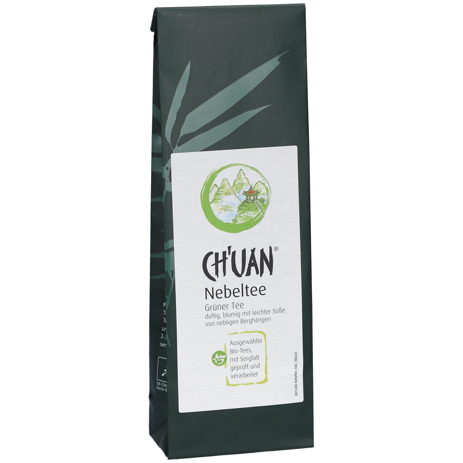 Grüner Tee in dunkelgrüner Verpackung mit weißem Etikett. Aufschrift: CH'UAN Nebeltee.