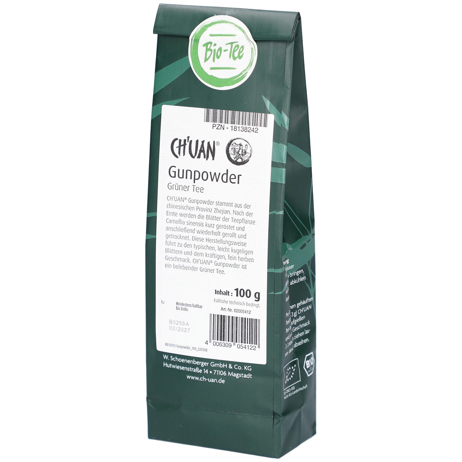 Dunkelgrüne Verpackung mit weißem Etikett. Aufschrift: CHUAN Gunpowder Grüner Tee. Bio-Siegel. Inhalt: 100 g.
