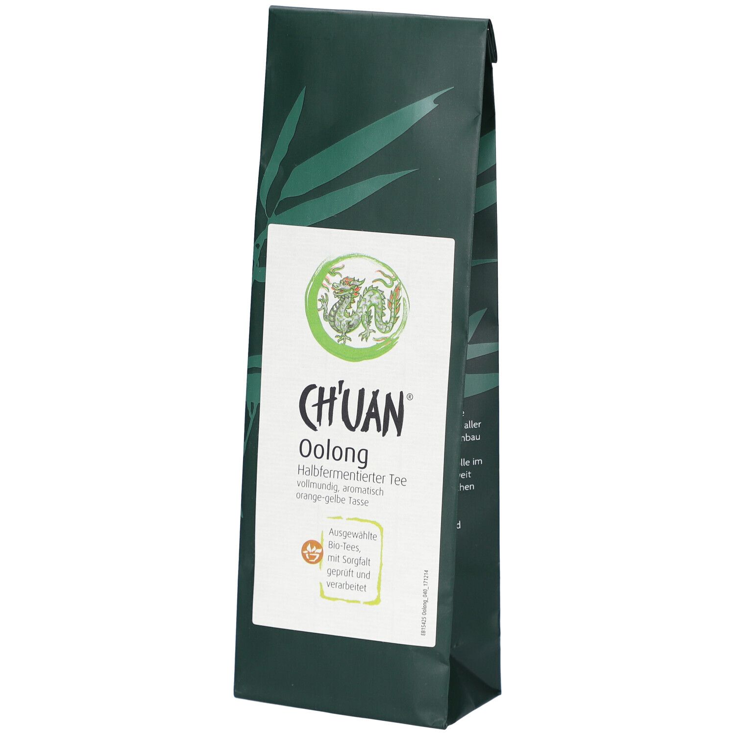 Grüne Verpackung mit weißem Etikett. CH'UAN Oolong Tee. Aufdruck: halbfermentierter Tee, bio-Tees, mit Sorgfalt geprüft.
