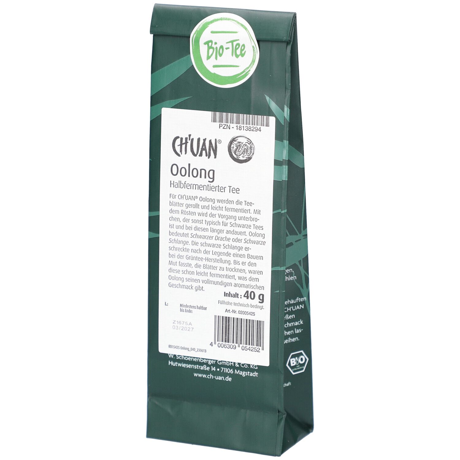 Grüne Verpackung mit weißem Etikett. CH'UAN Oolong Tee. Aufdruck: 40 g, Bio-Siegel.