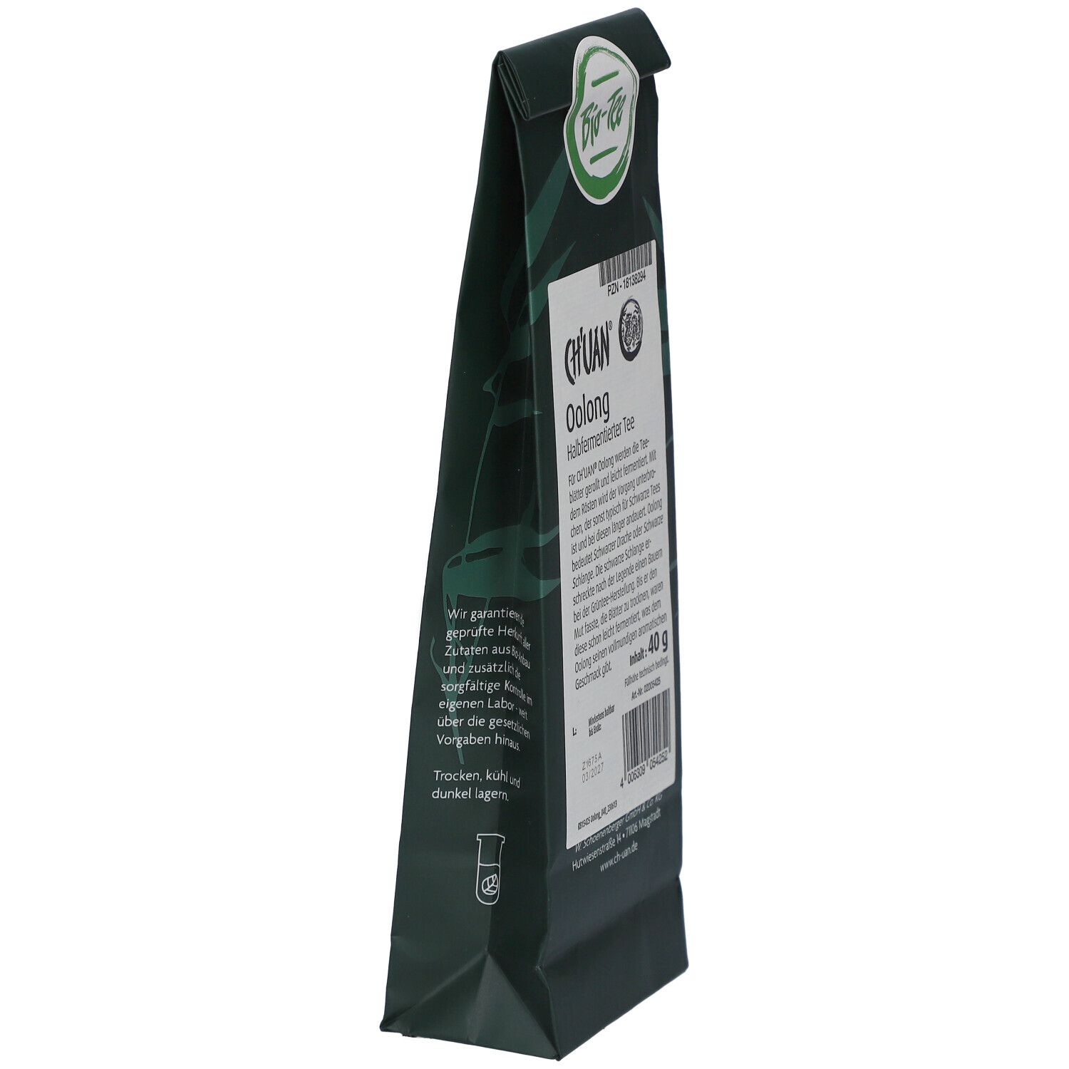 Grüne Verpackung, Seitenansicht. CH'UAN Oolong Tee. Aufdruck: 40 g, Bio-Siegel.