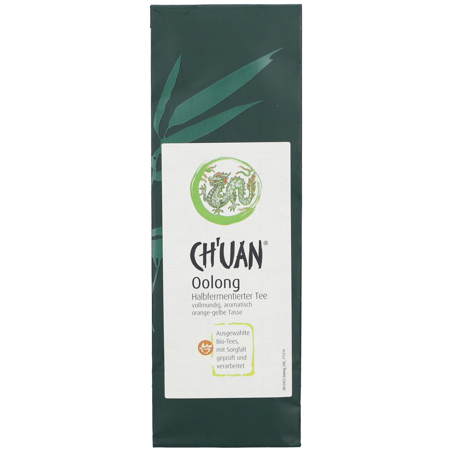 Grüne Verpackung mit weißem Etikett. CH'UAN Oolong Tee. Aufdruck: halbfermentierter Tee, bio-Tees, mit Sorgfalt geprüft.