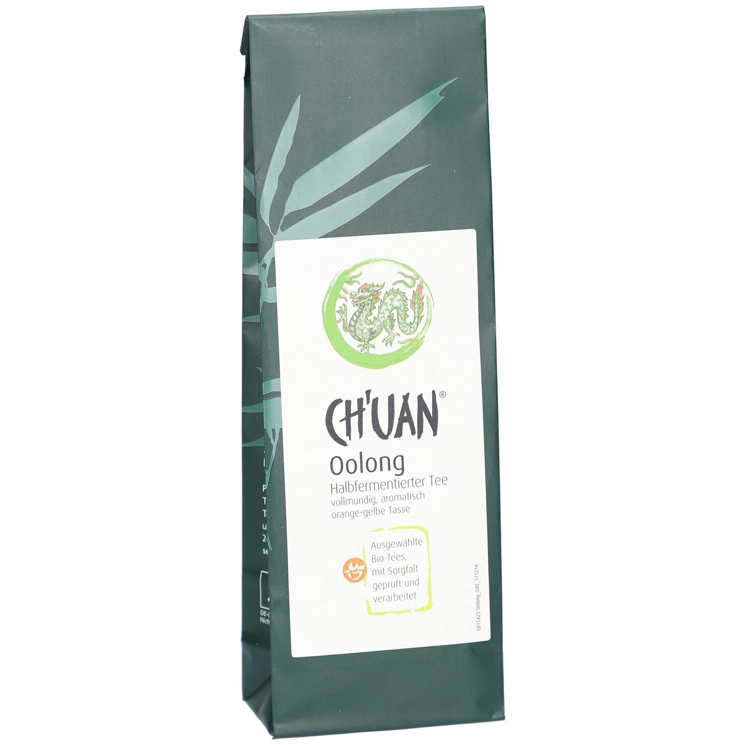 Grüne Verpackung mit weißem Etikett. CH'UAN Oolong Tee. Aufdruck: halbfermentierter Tee, bio-Tees, mit Sorgfalt geprüft.