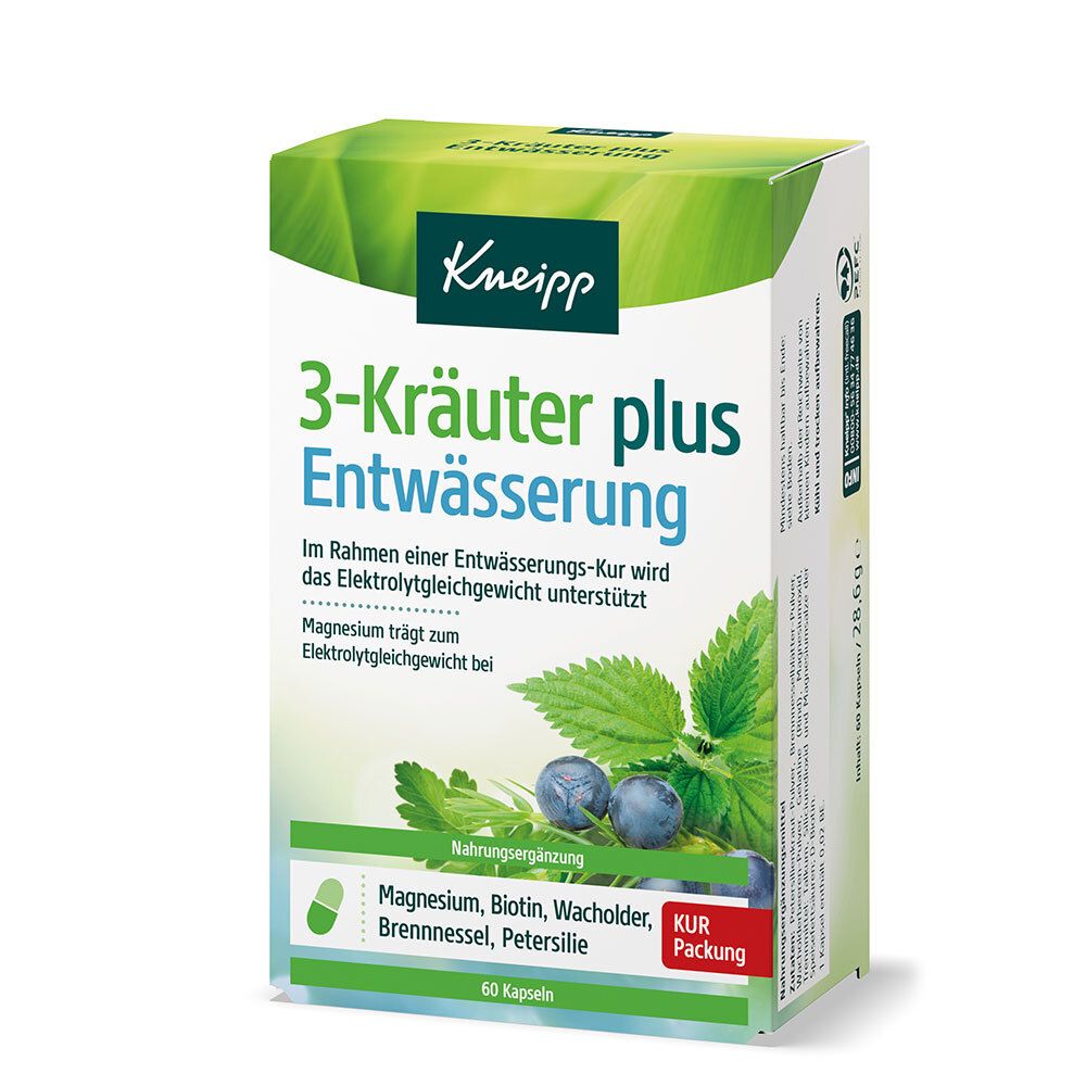 Kneipp 3-Kräuter plus Entwässerung Kapseln. Grün-weiße Schachtel. Produktname und Inhaltsstoffe deutlich sichtbar.
