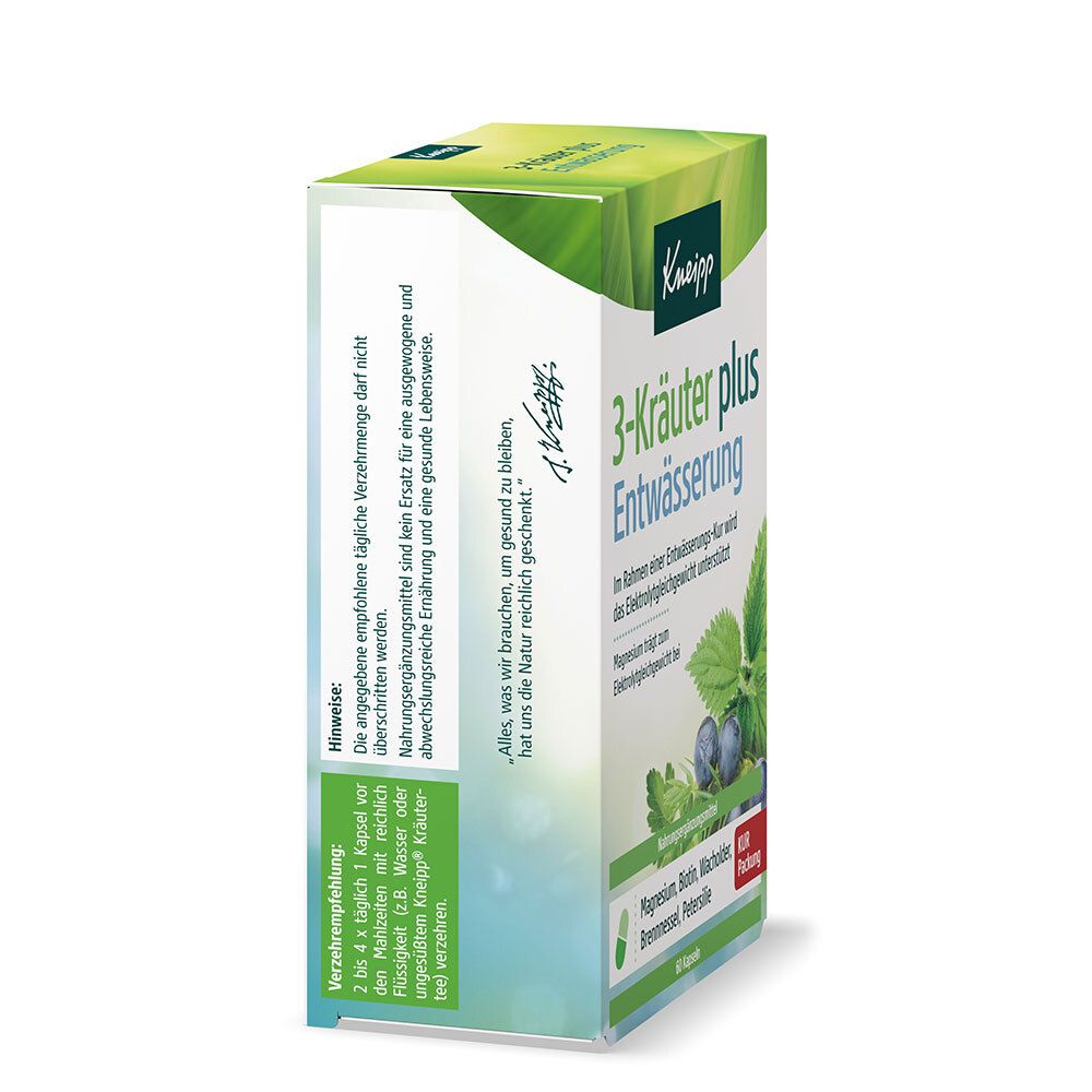 Kneipp 3-Kräuter plus Entwässerung Kapseln. Schachtelansicht. Text und Produktabbildung. Grün-weißes Design.