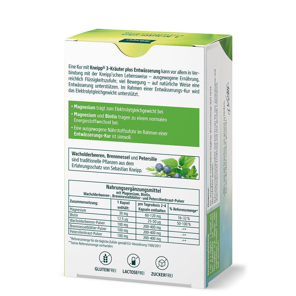 Rückseite der Kneipp 3-Kräuter plus Entwässerung Kapseln Schachtel. Textinformationen und Inhaltsstoffe.