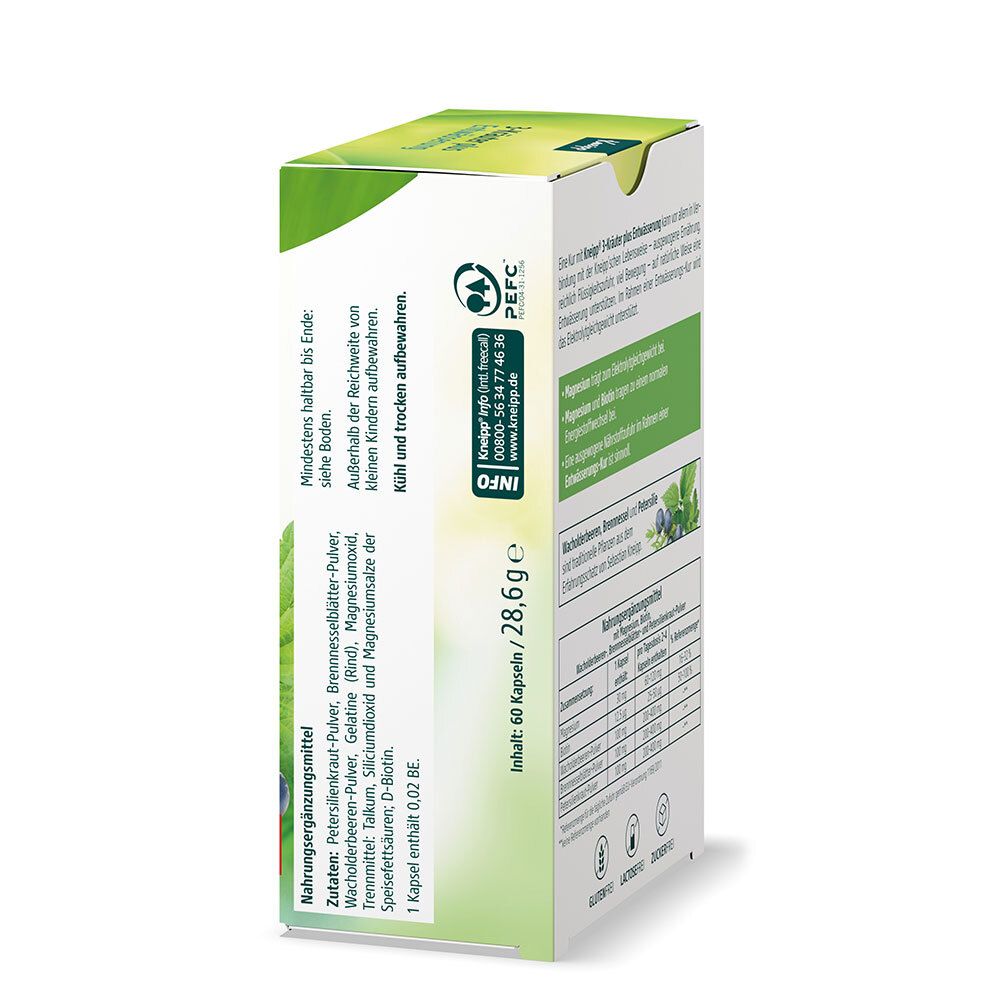 Kneipp 3-Kräuter plus Entwässerung Kapseln. Seitenansicht der Schachtel. Text und Inhaltsstoffe.