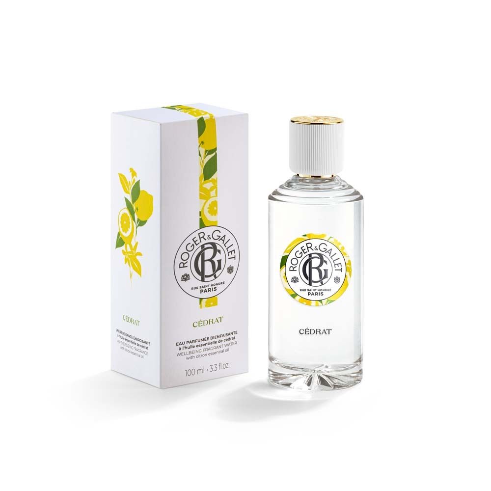Produktflakon und Verpackung. Weißer Karton mit Logo, Schriftzug Cédrat und Produktinformationen.