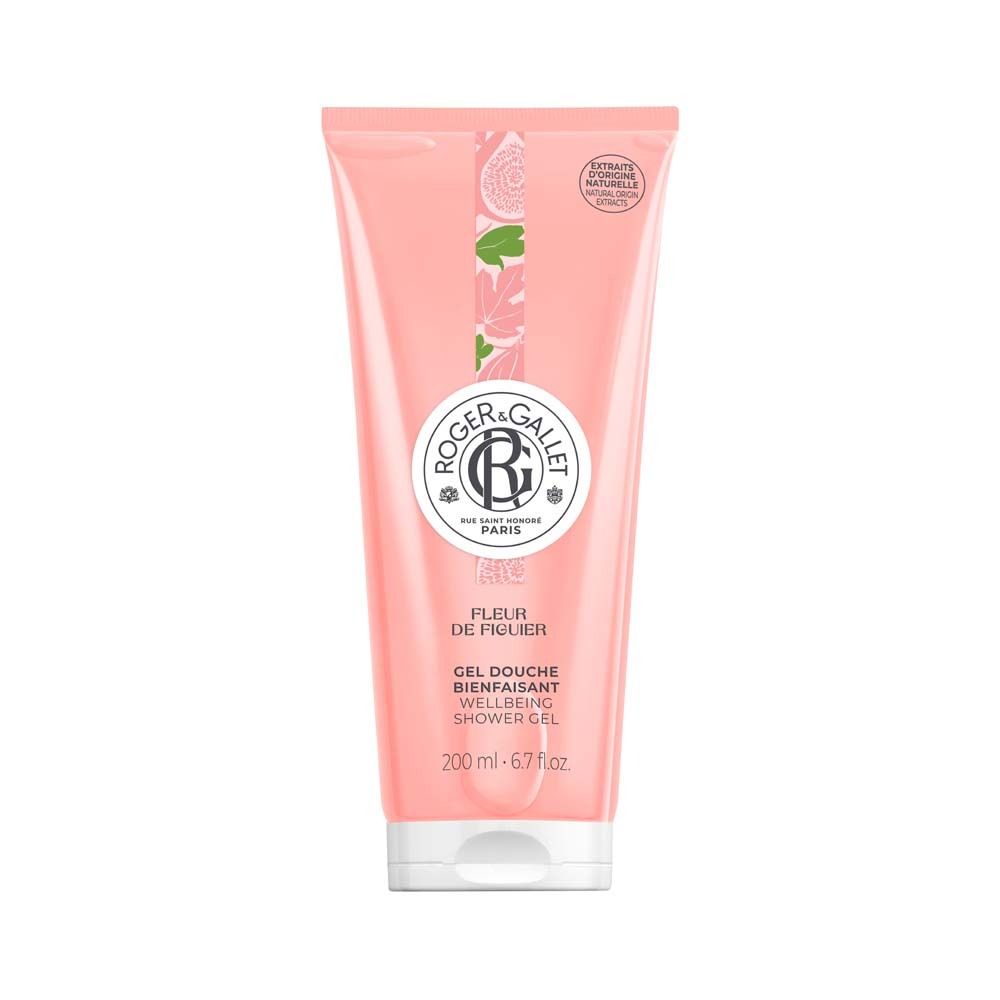Rosa Tube mit weißem Verschluss. ROGER & GALLET Logo und Produktname FLEUR DE FIGUIER. Text: Gel Douche Bienfaisant, 200 ml.