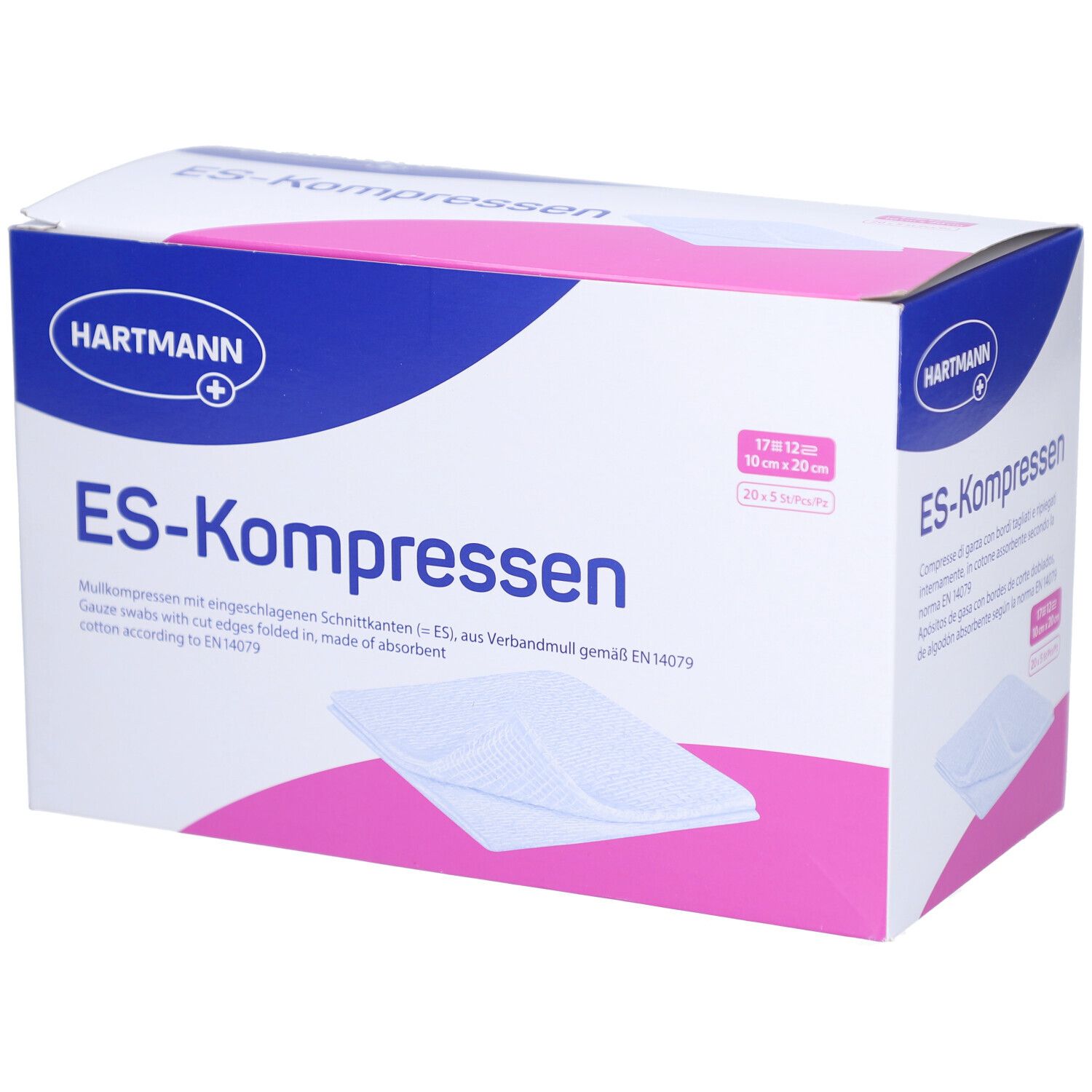 Verpackung von HARTMANN ES-Kompressen. Box mit Produktnamen und Größenangabe. Rosa und blaue Farbgebung. Gezeigt sind Kompressen.
