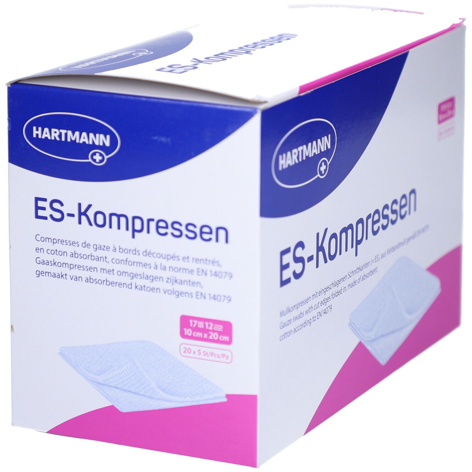 Verpackung von HARTMANN ES-Kompressen. Produktname und Größenangabe. Rosa und blaue Farbgebung. Gezeigt sind Kompressen.