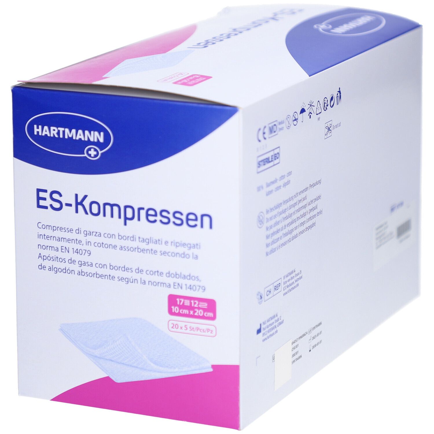 Verpackung von HARTMANN ES-Kompressen. Produktname und Größenangabe. Rosa und blaue Farbgebung. Gezeigt sind Kompressen.