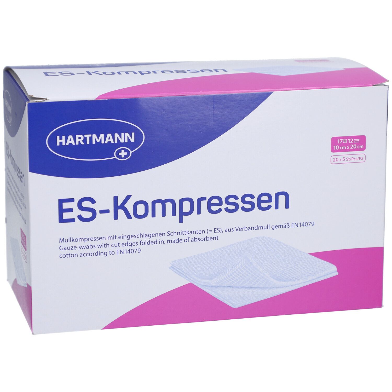 Verpackung von HARTMANN ES-Kompressen. Produktname und Größenangabe. Rosa und blaue Farbgebung. Gezeigt sind Kompressen.