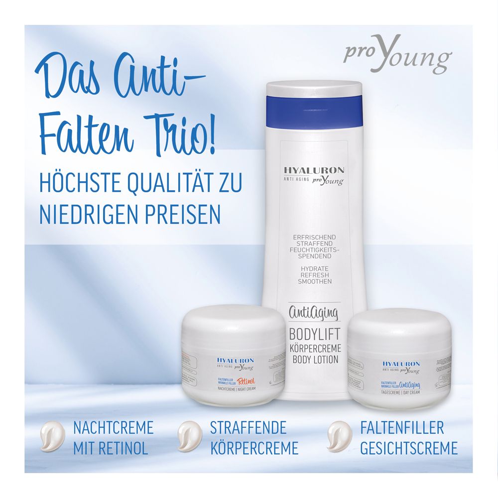 Drei Produkte. Text: Hyaluron proYoung. Nachtcreme mit Retinol, straffende Körpercreme, Faltenfiller Gesicht.