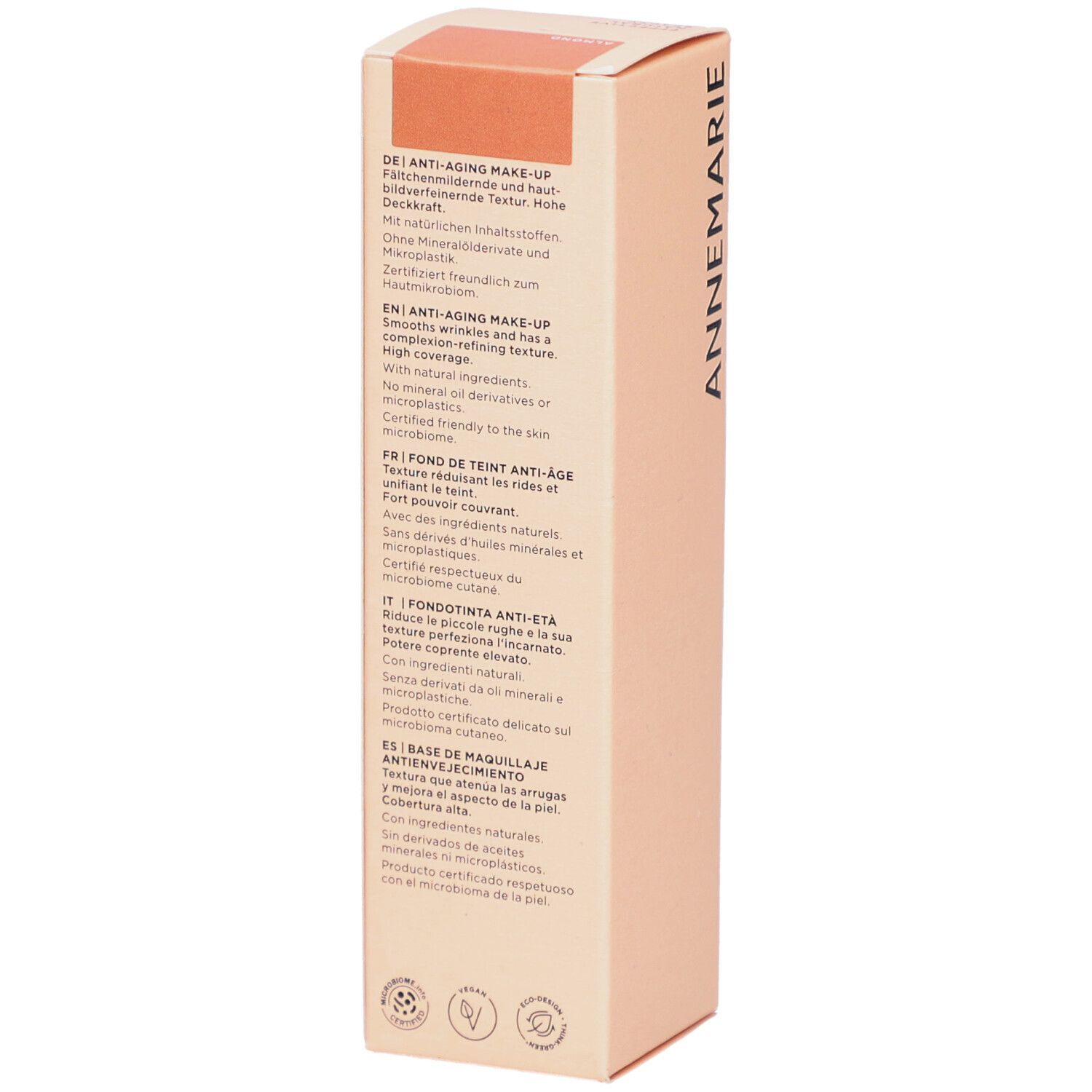 Beige Kartonverpackung. Text in Deutsch, Englisch, Französisch, Italienisch und Spanisch. Produktinformationen.