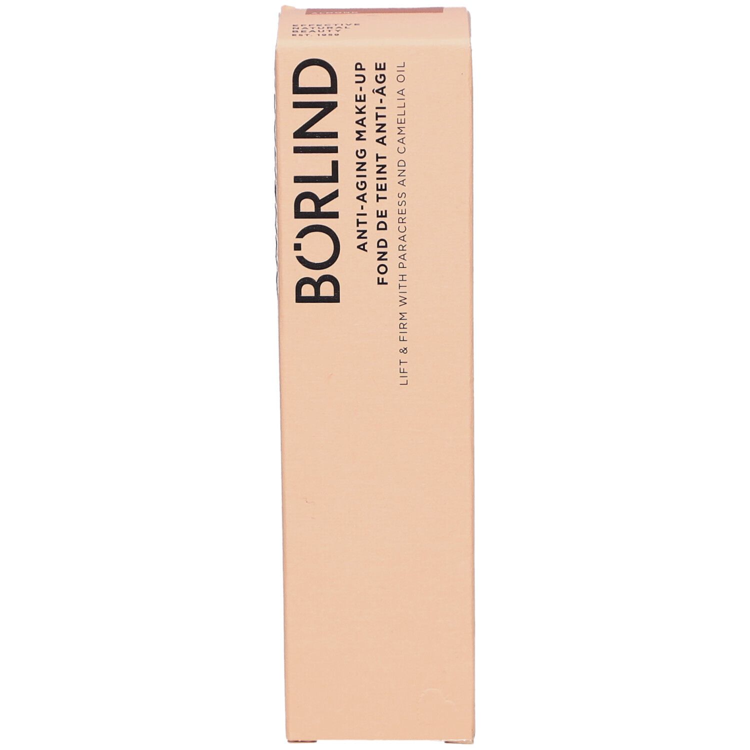 Beige Kartonverpackung. Aufschrift: BÖRLIND, Anti-Aging Make-up, Fond de Teint Anti-Âge. Mit Parakresse und Kamelienöl.