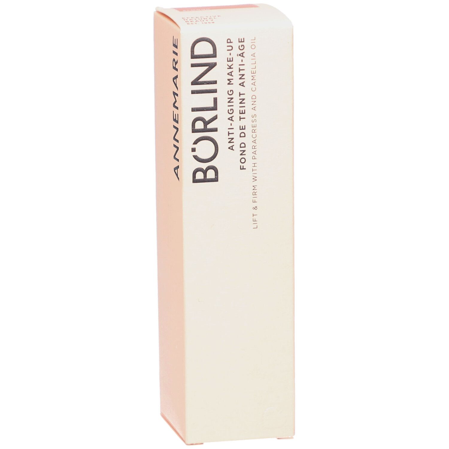 Beige Kartonverpackung. Aufschrift: BÖRLIND, Anti-Aging Make-up, Fond de Teint Anti-Âge. Mit Parakresse und Kamelienöl.