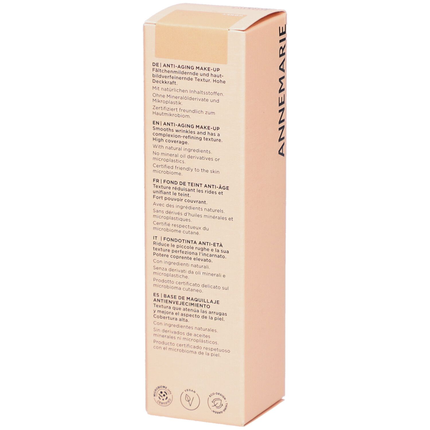 Verpackung von BÖRLIND Anti-Aging Make-up. Text in Deutsch, Englisch, Französisch, Italienisch und Spanisch. Farbton: honey.