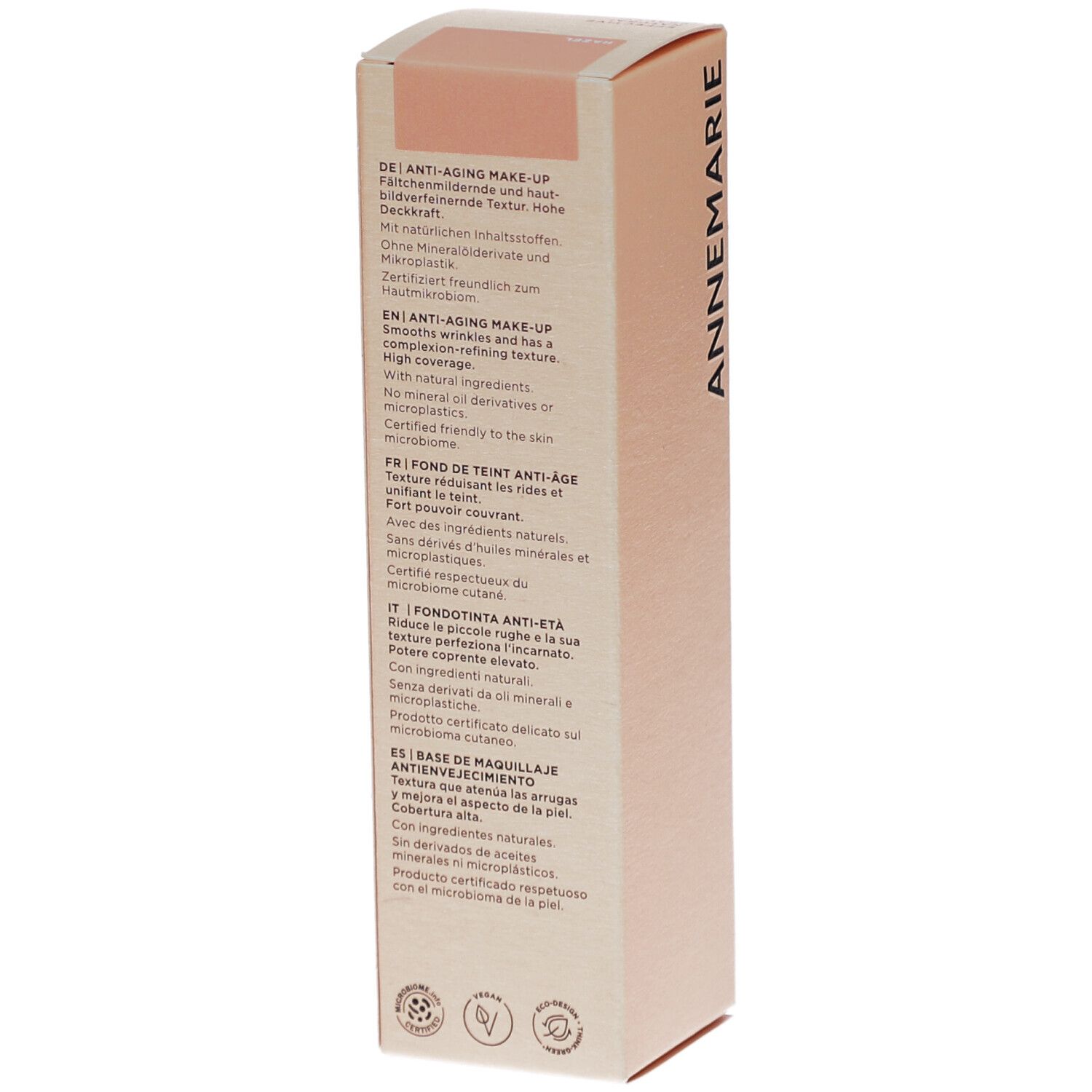 Rückseite der BÖRLIND Anti-Aging Make-up Verpackung. Text in Deutsch, Englisch, Französisch, Italienisch und Spanisch. Zertifizierungen.