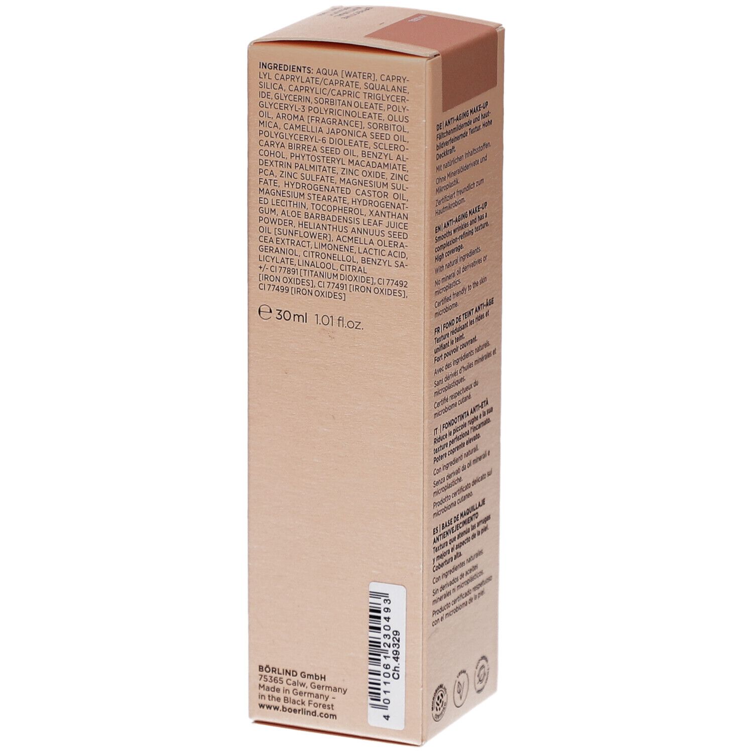Seite der BÖRLIND Anti-Aging Make-up Verpackung. Inhaltsstoffe, Volumen 30ml, Herstellerinformationen und Barcode.