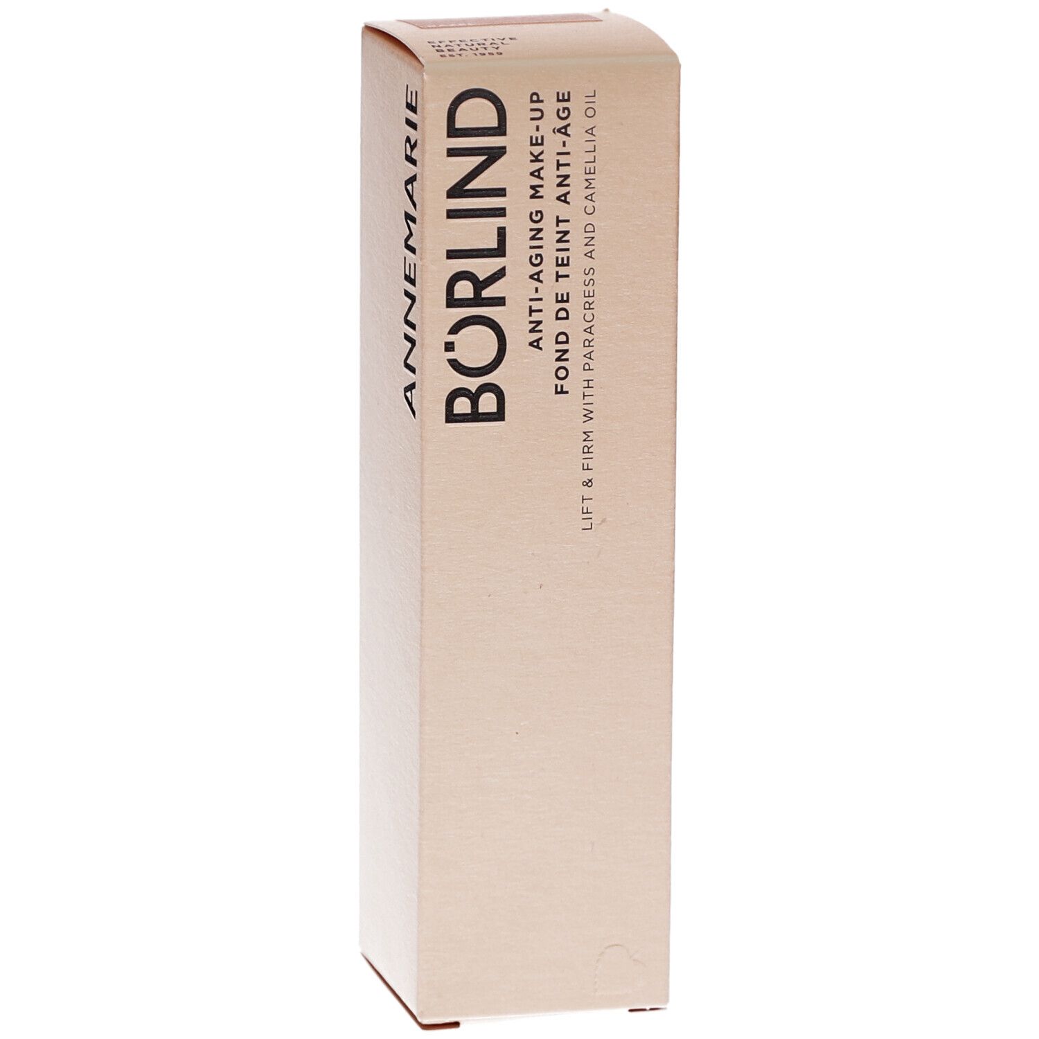 BÖRLIND Anti-Aging Make-up Verpackung. Beige Karton mit Produktinformationen und Logo. Text: Annemarie Börlind.