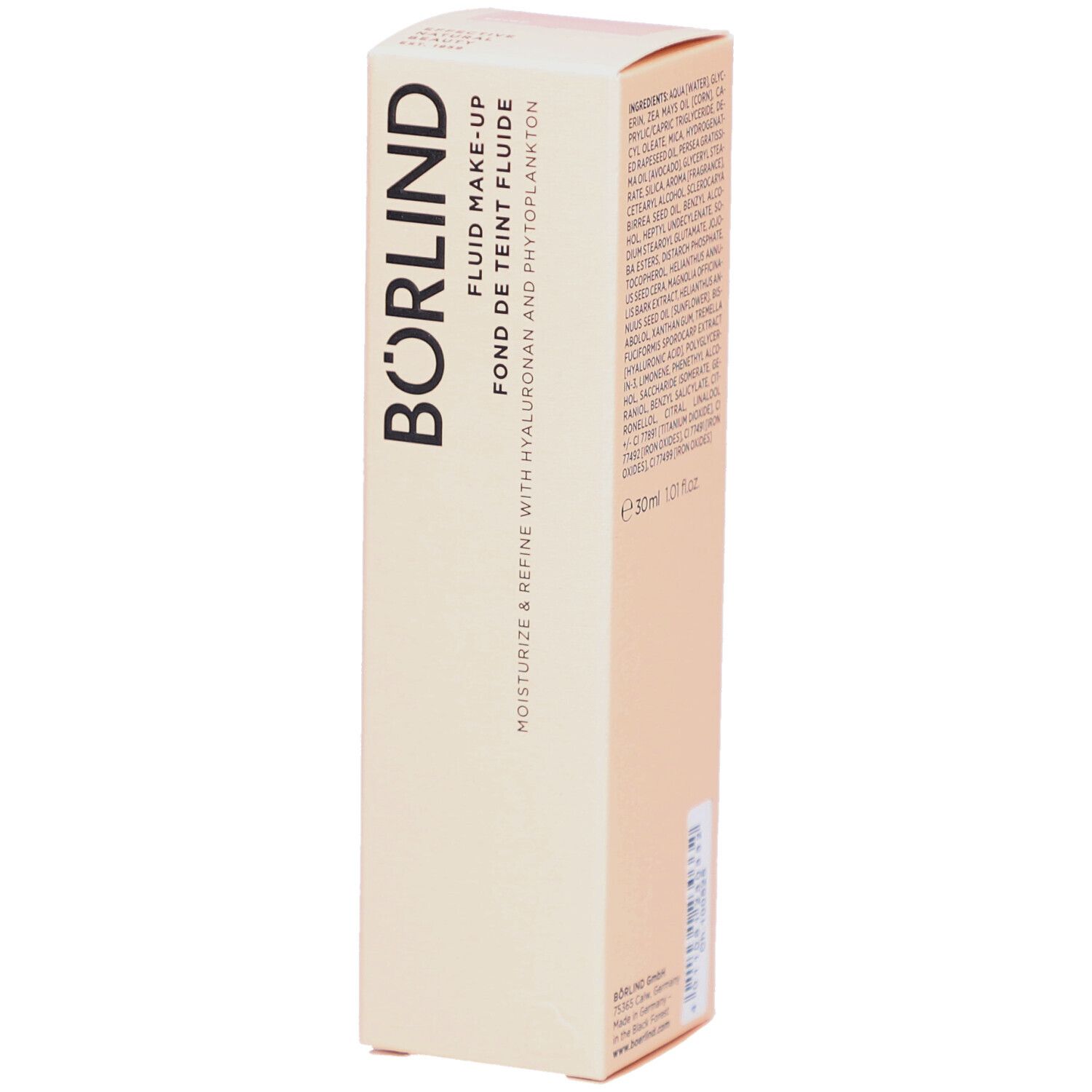 BÖRLIND Fluid Make-up-Verpackung. Beige Farbton. Weißer Karton mit Produktnamen und Inhaltsangaben. 30ml.