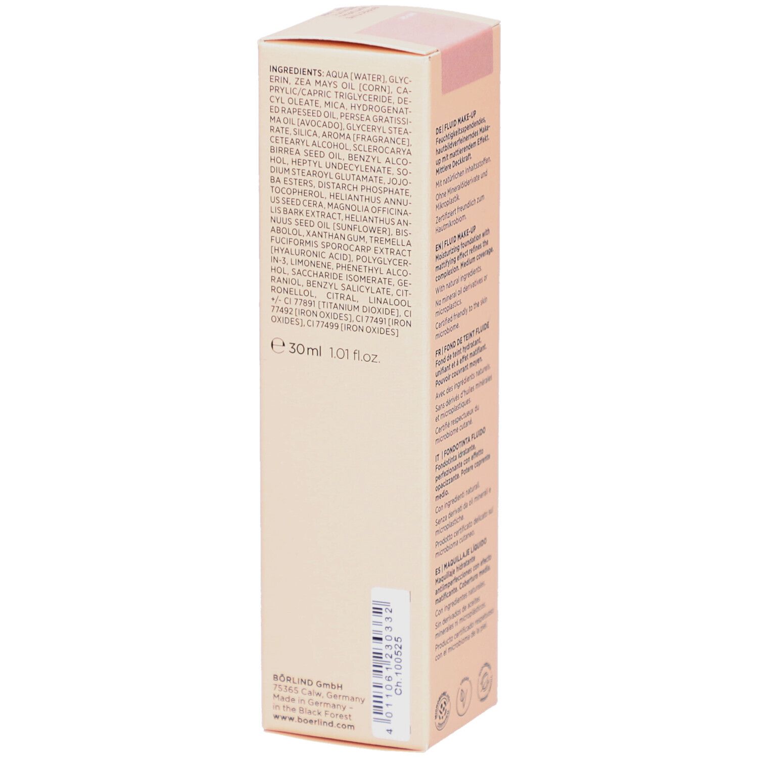 Seite der BÖRLIND Fluid Make-up-Verpackung. Inhaltsstoffe, Volumen 30ml. Herstellerinformationen und Zertifizierungen.