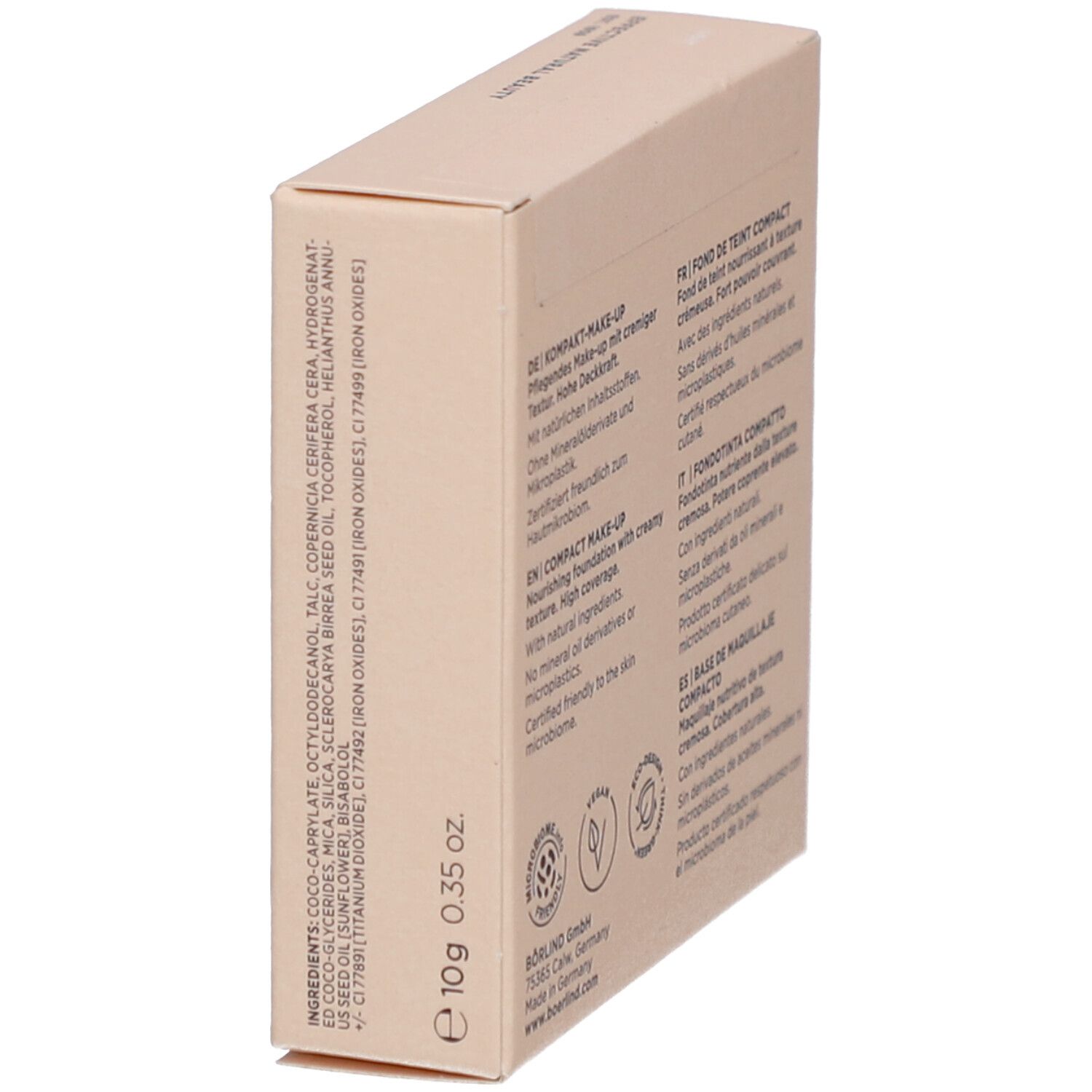 Kompakt-Make-up-Verpackung. Marke: Annemarie Börlind. Inhaltsstoffe, 10g, Logos. Beige Kartonage.