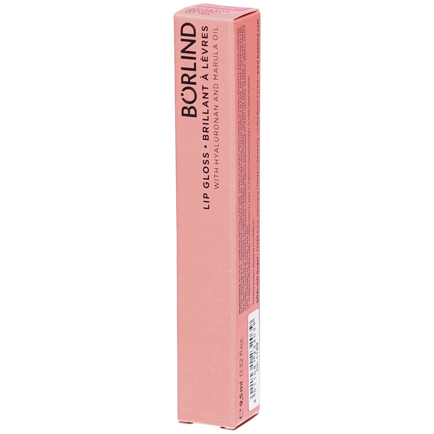 Rosa Verpackung mit Schriftzug BÖRLIND, Lipgloss, Brillant à lèvres. Mit Hyaluron und Marula Öl. 9,5ml.