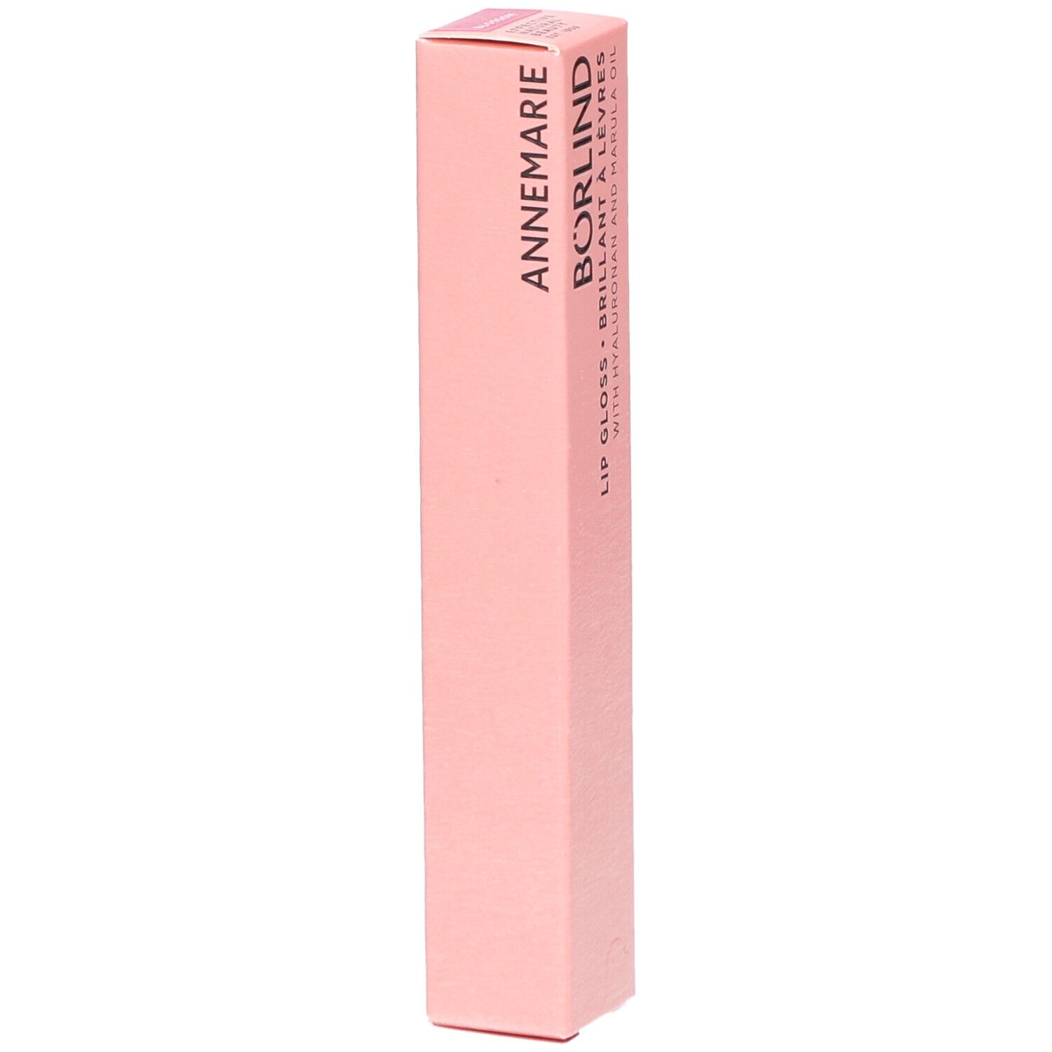 Rosa Verpackung mit Schriftzug ANNEMARIE BÖRLIND. Produktverpackung, rosa. Text: Lipgloss, Brillant à lèvres.