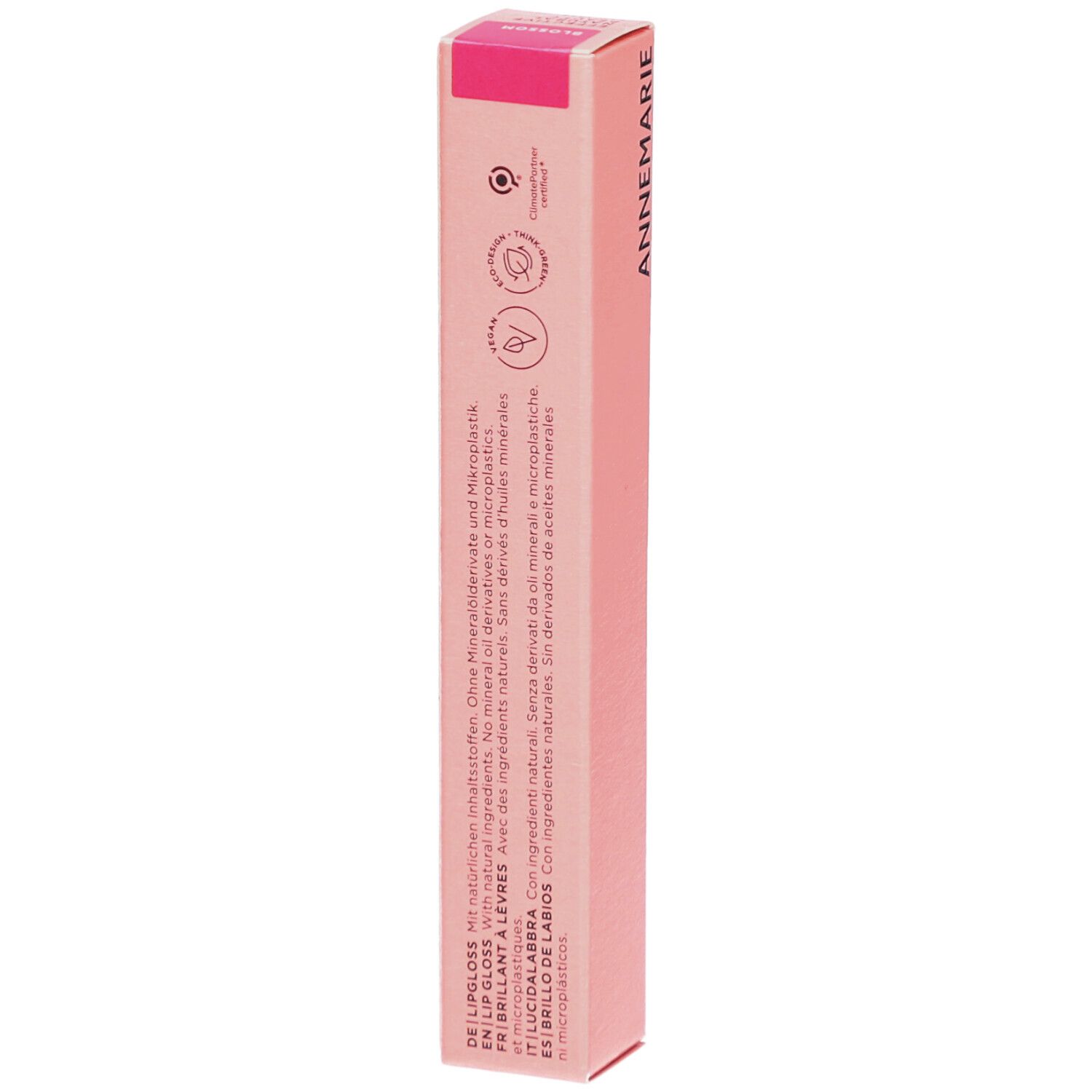 Rosa Verpackung mit Text. Text: Ohne Mineralöl, ohne Mikroplastik. Mit natürlichen Inhaltsstoffen. Vegan.