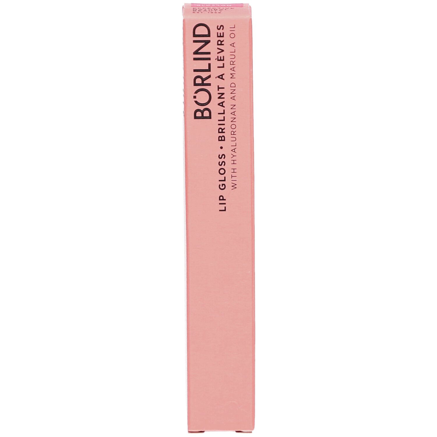Rosa Verpackung mit Schriftzug BÖRLIND, Lipgloss, Brillant à lèvres. Mit Hyaluron und Marula Öl. 9,5ml.