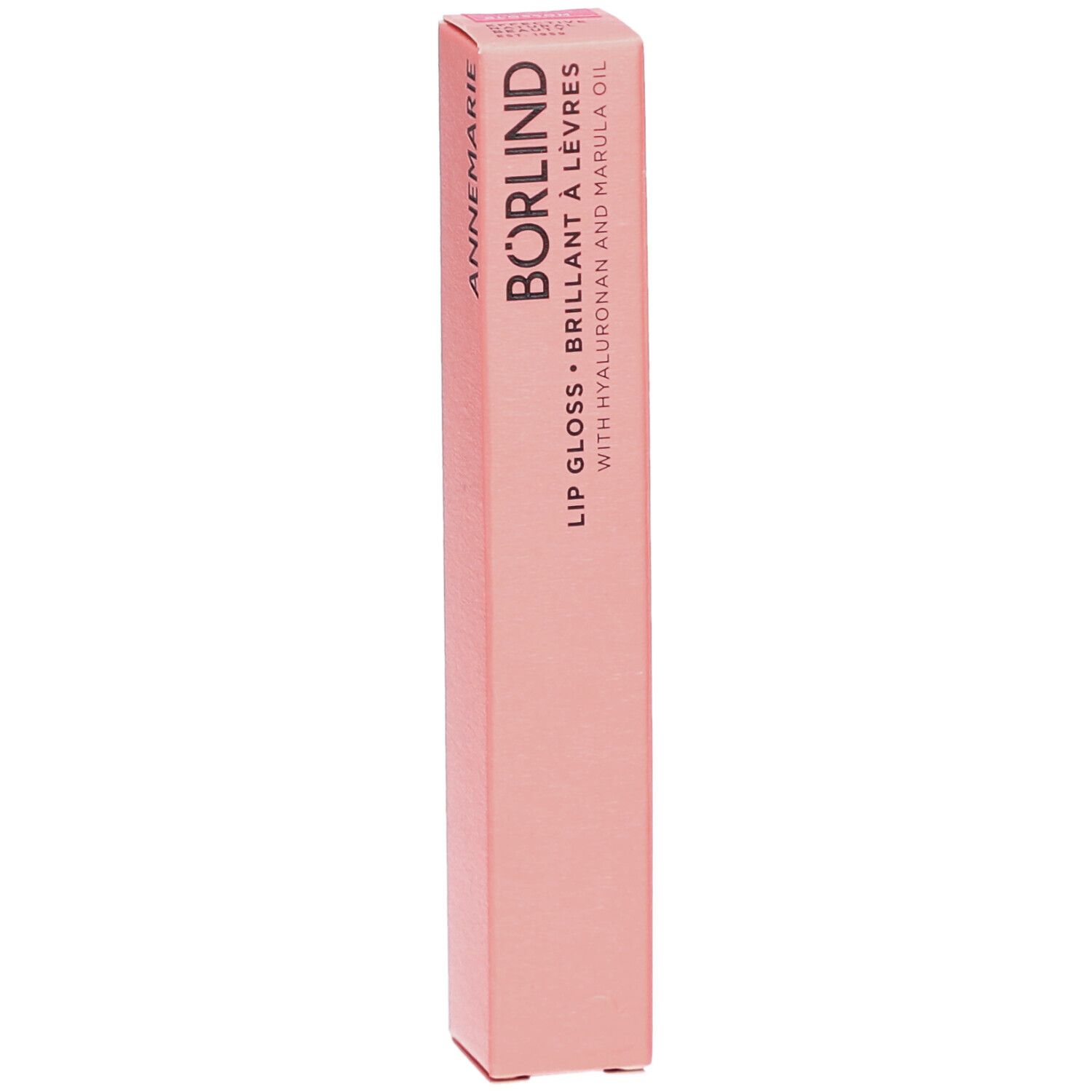 Rosa Verpackung mit Schriftzug ANNEMARIE BÖRLIND. Text: Lipgloss, Brillant à lèvres. Mit Hyaluron und Marula Öl.