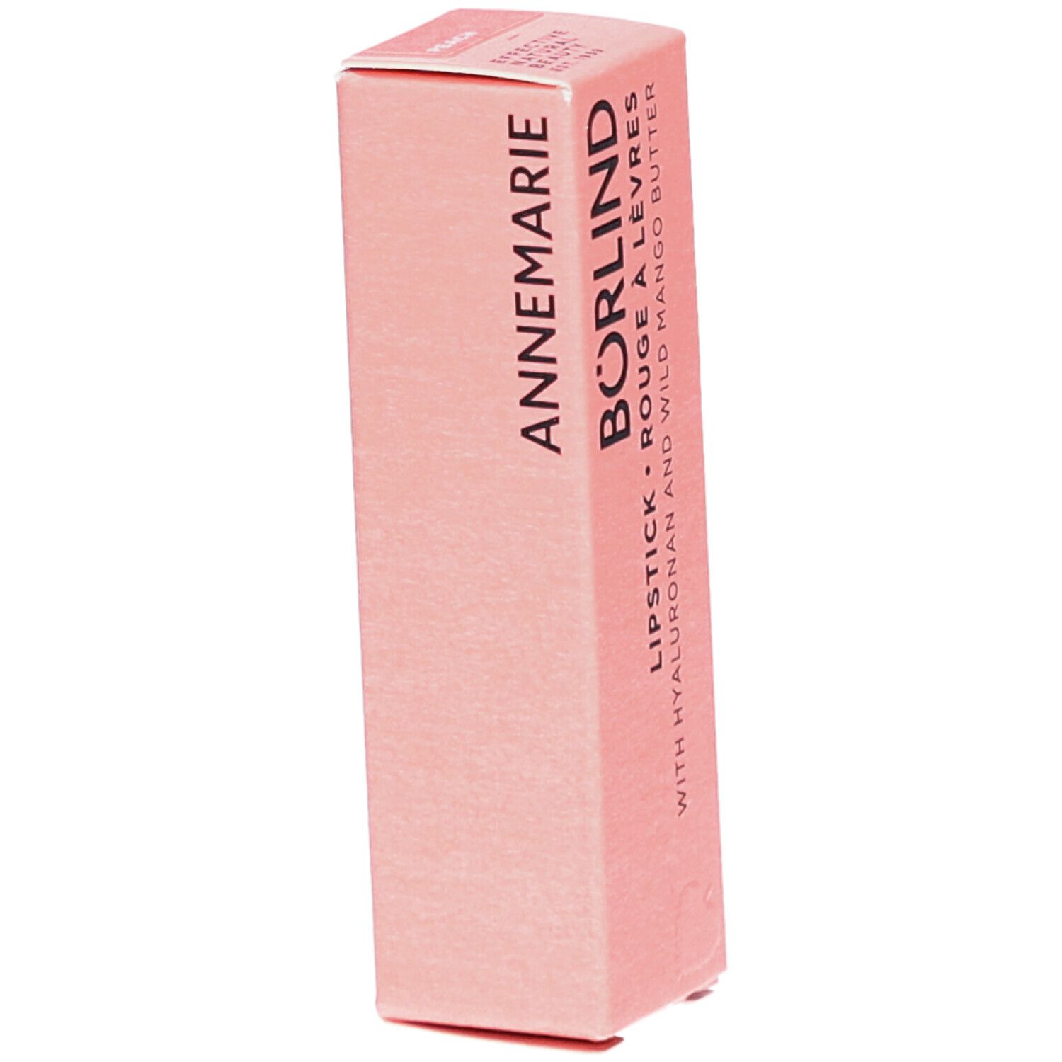 Rosa Lippenstift-Verpackung. Schriftzug: ANNEMARIE BÖRLIND, LIPSTICK ROUGE À LÈVRES, mit Hyaluron und Mango Butter.