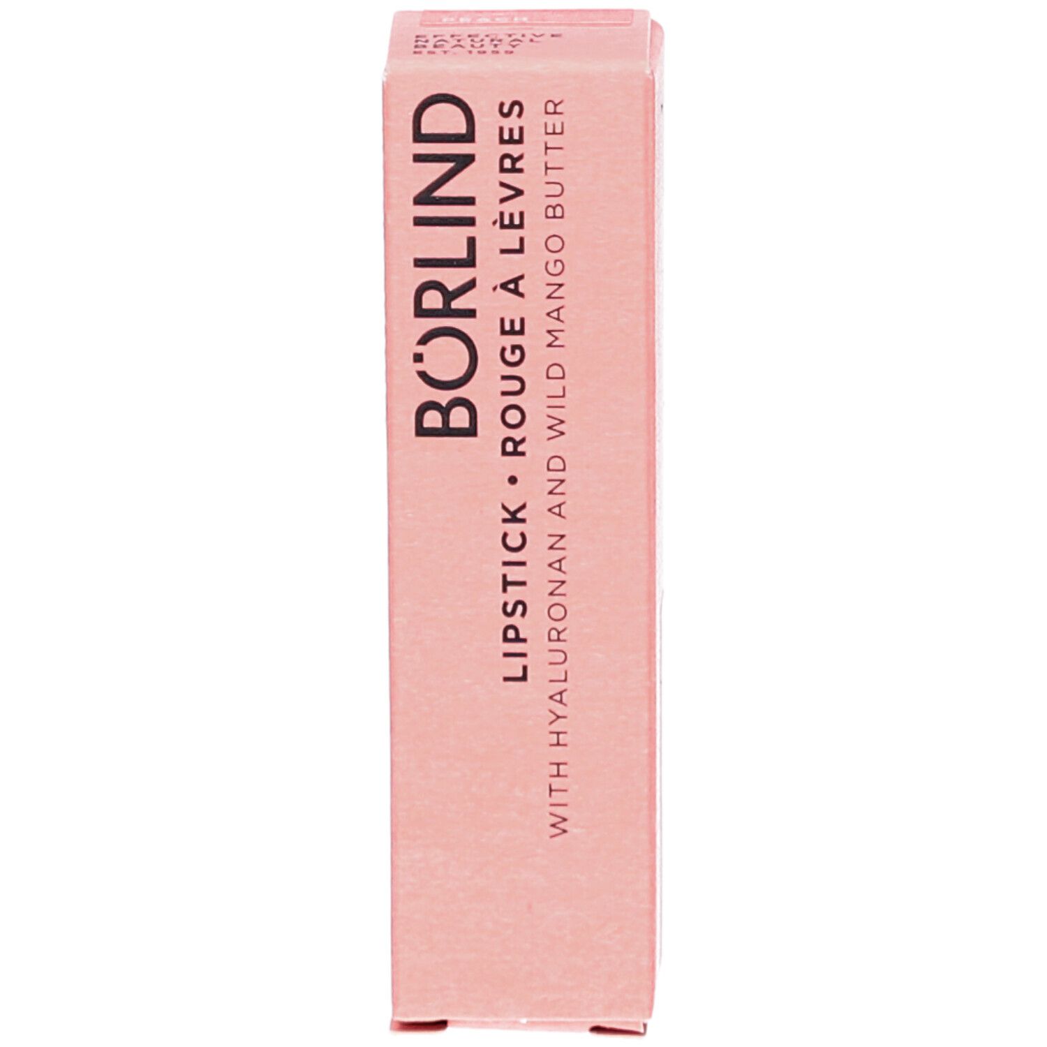 Rosa Lippenstift-Verpackung. Schriftzug: BÖRLIND, LIPSTICK ROUGE À LÈVRES, mit Hyaluron und Mango Butter.