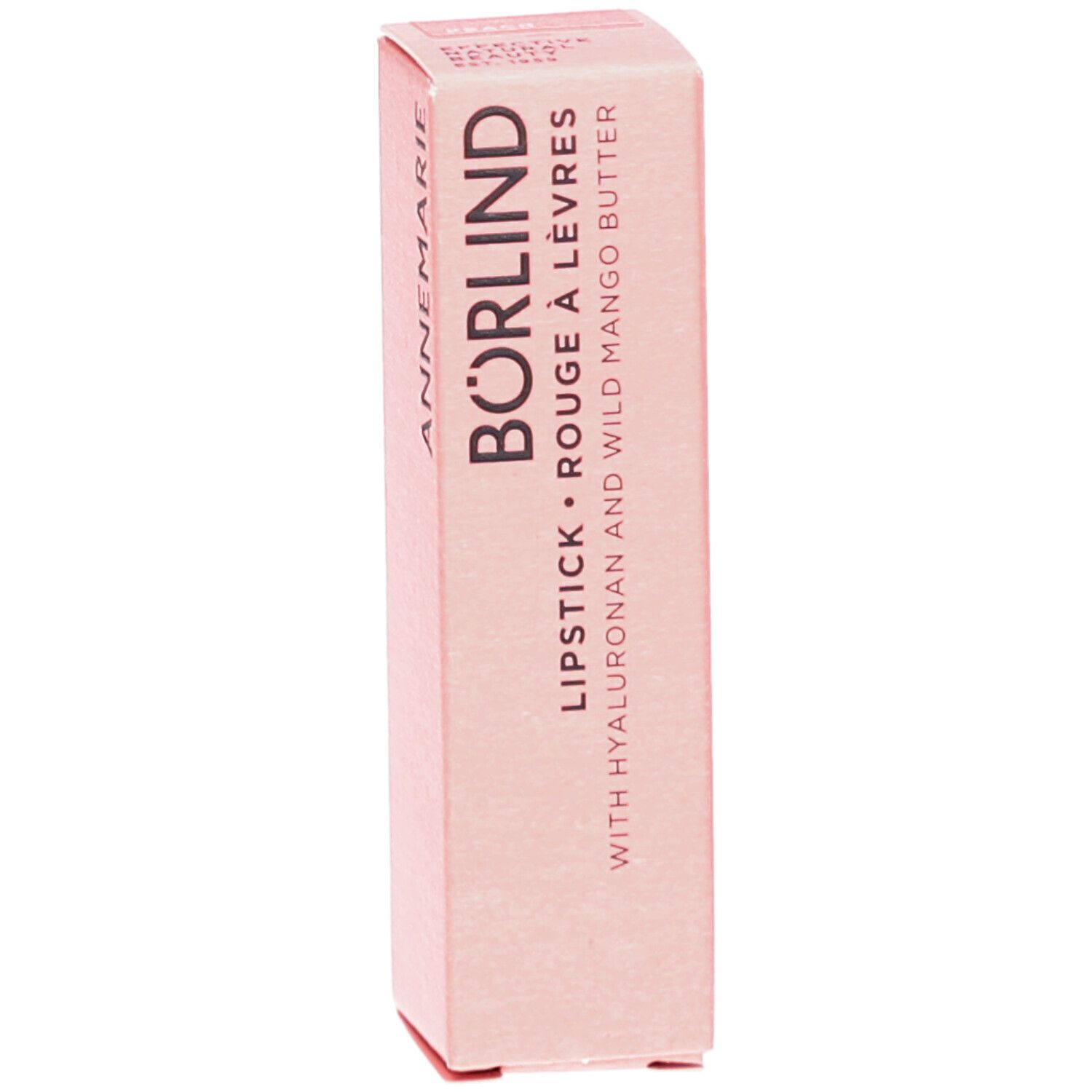 Rosa Lippenstift-Verpackung. Schriftzug: BÖRLIND, LIPSTICK ROUGE À LÈVRES, mit Hyaluron und Mango Butter.