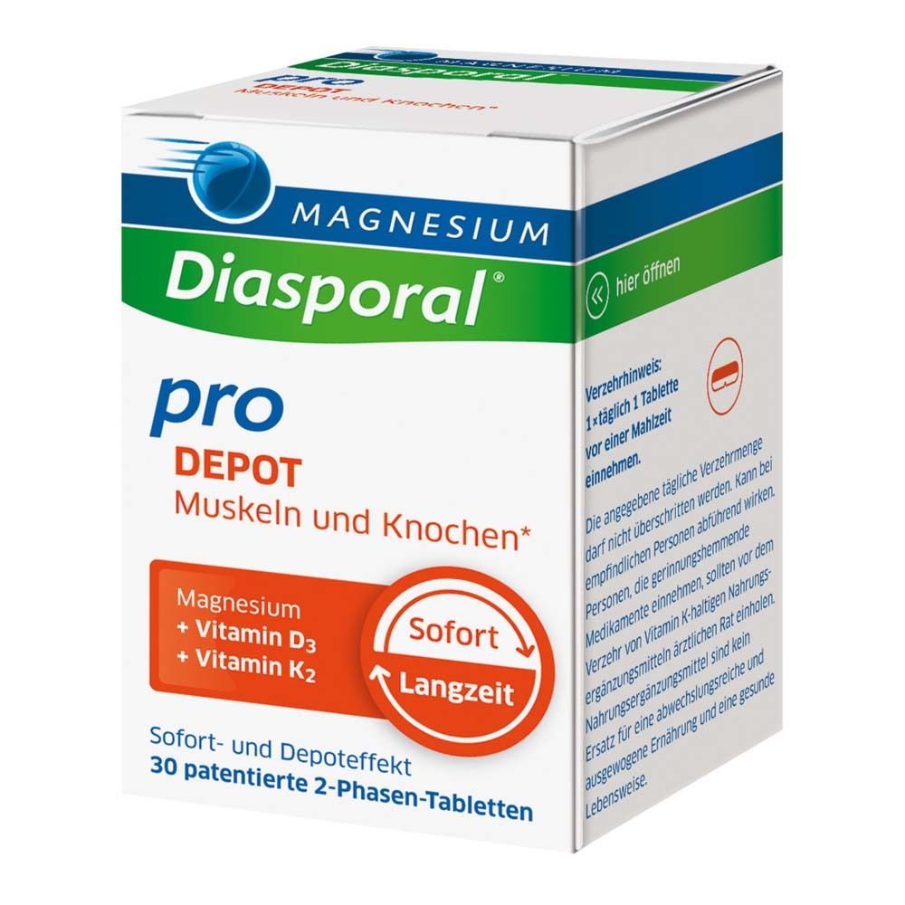 Magnesium-Diasporal® Pro DEPOT Muskeln und Knochen Packung. Enthält Magnesium, Vitamin D3 und K2. 30 Tabletten.